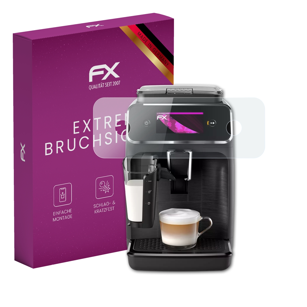 Eine Kaffeemaschine mit Displayschutzfolie, neben einer lila Schachtel. Die Box sagt 'FX' und 'Made in Germany'.