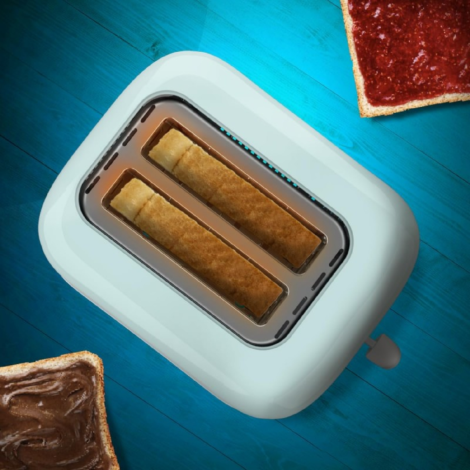 Toster z dwoma kromkami tostów i dwiema kromkami chleba z dżemem.