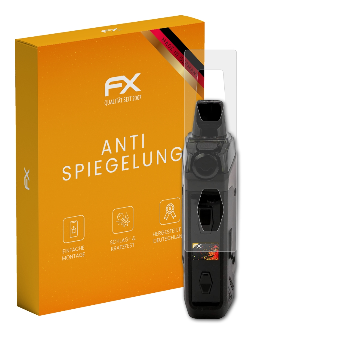 Orangefarbene Box, schwarze Vape und ein Vape-Bildschirmschutz.