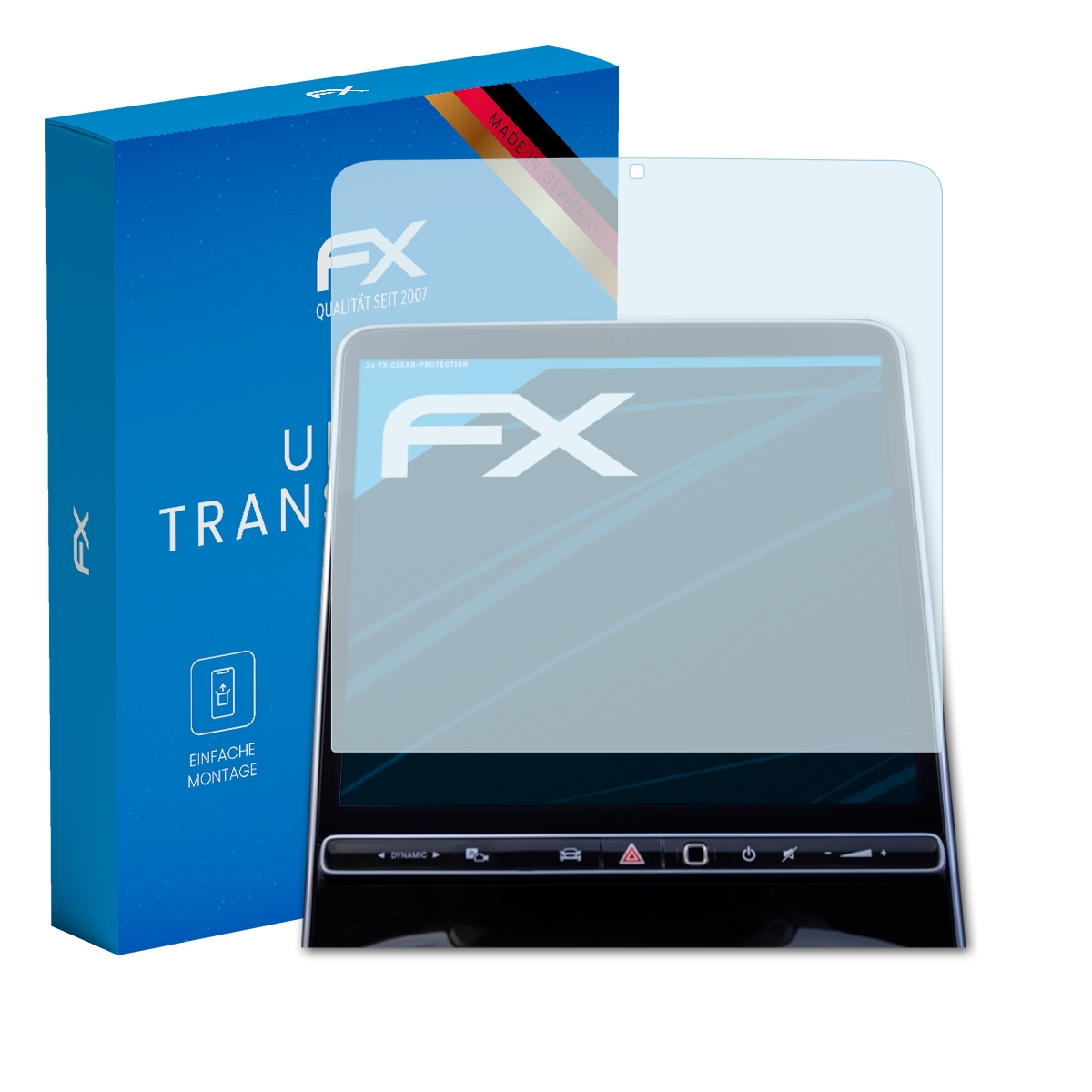 Auto-Displayschutzfolie mit einer blauen Box. Der Schutz ist klar, der Bildschirm zeigt Steuerelemente und Symbole.