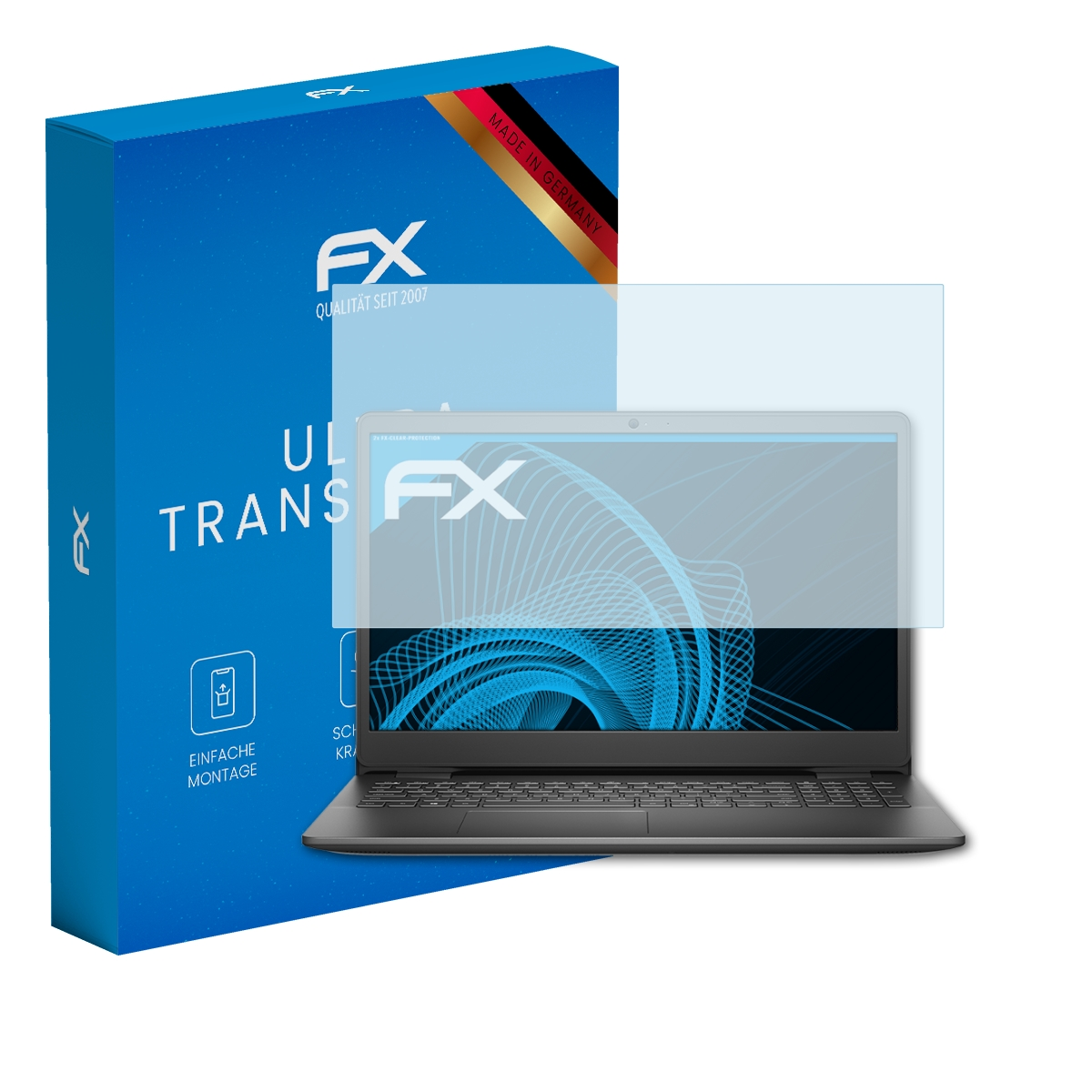 Ein Laptop mit Displayschutz und eine Box. Der Displayschutz befindet sich auf dem Bildschirm. Die Box hat das FX-Logo.