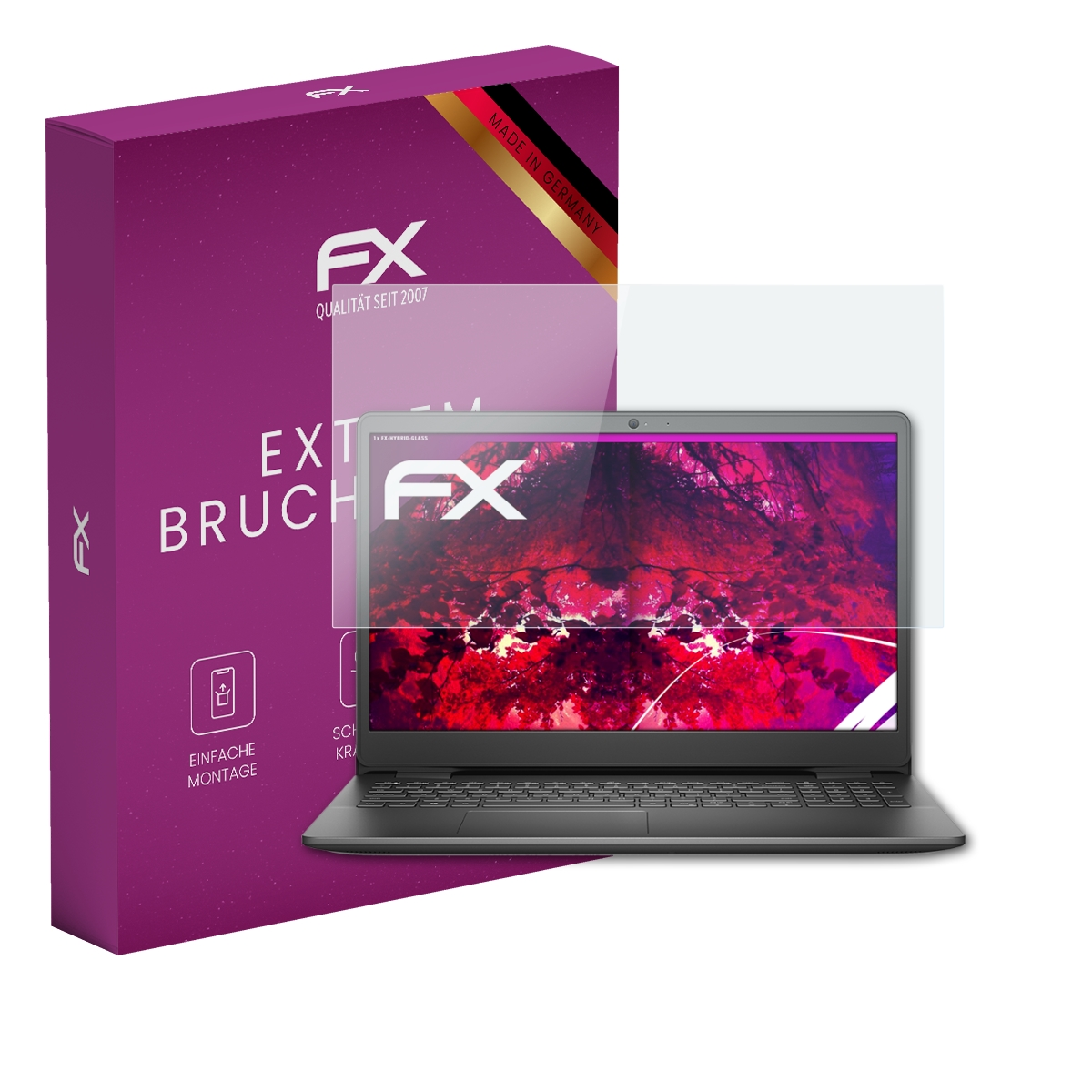 Laptop mit Displayschutz. Lila Box und Displayschutz auf weißem Hintergrund.