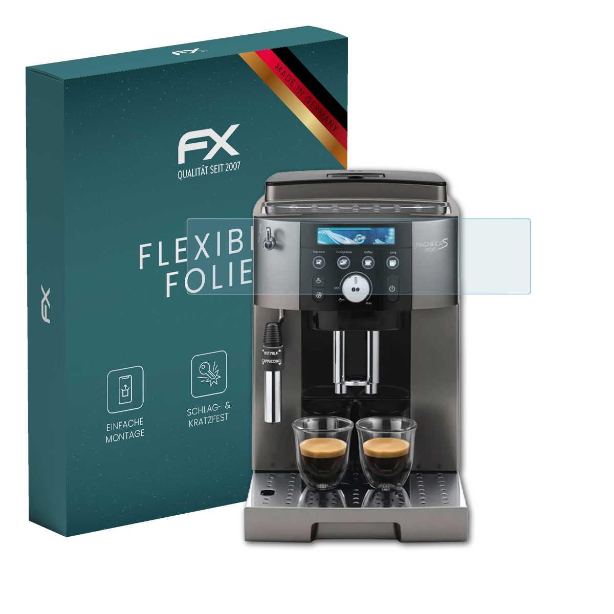 Espressomaschine mit Displayschutz und Box. Gläser Kaffee sind davor. Schutz ist auf der Maschine.