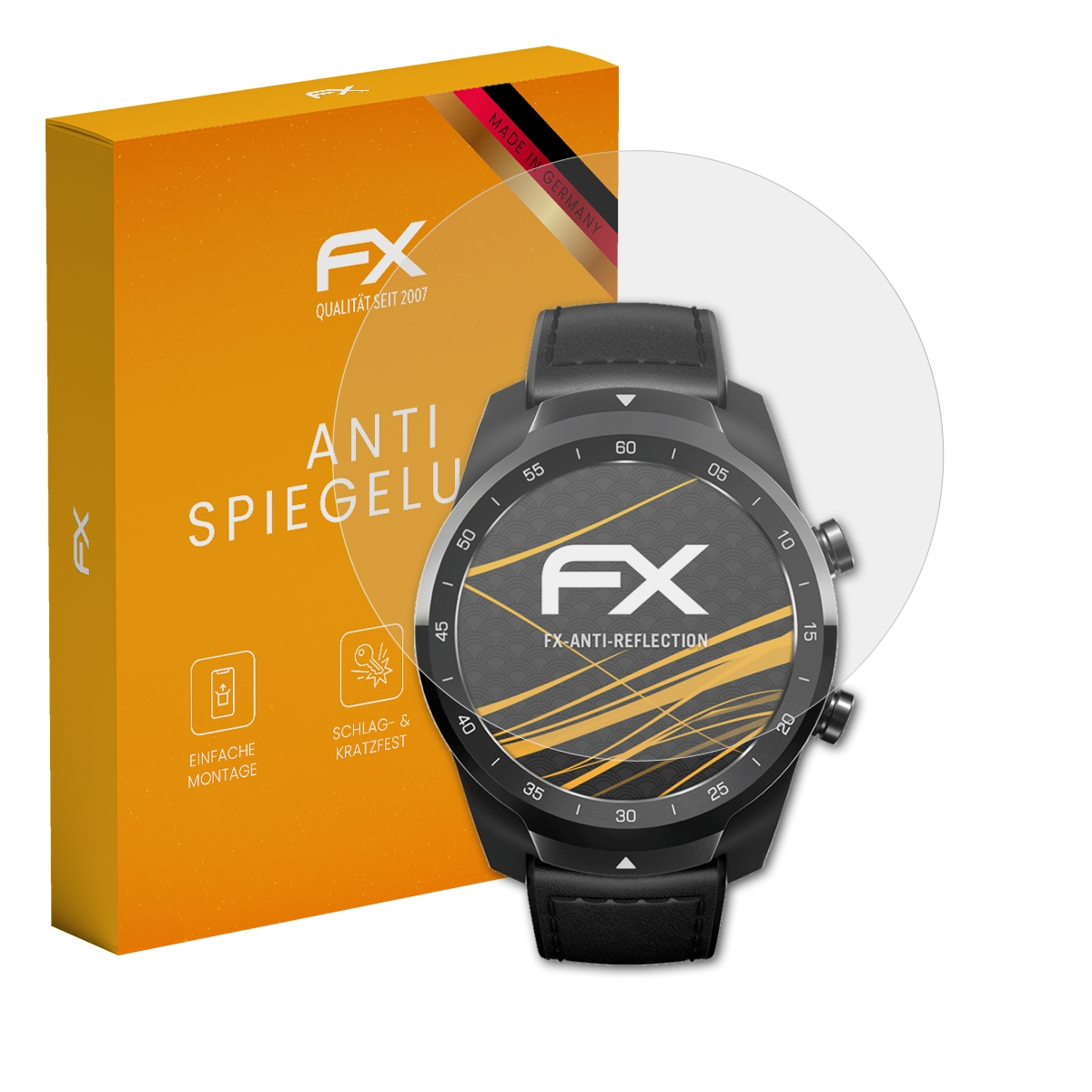 Eine Smartwatch mit Displayschutzfolie und eine Box mit Displayschutzfolien daneben.