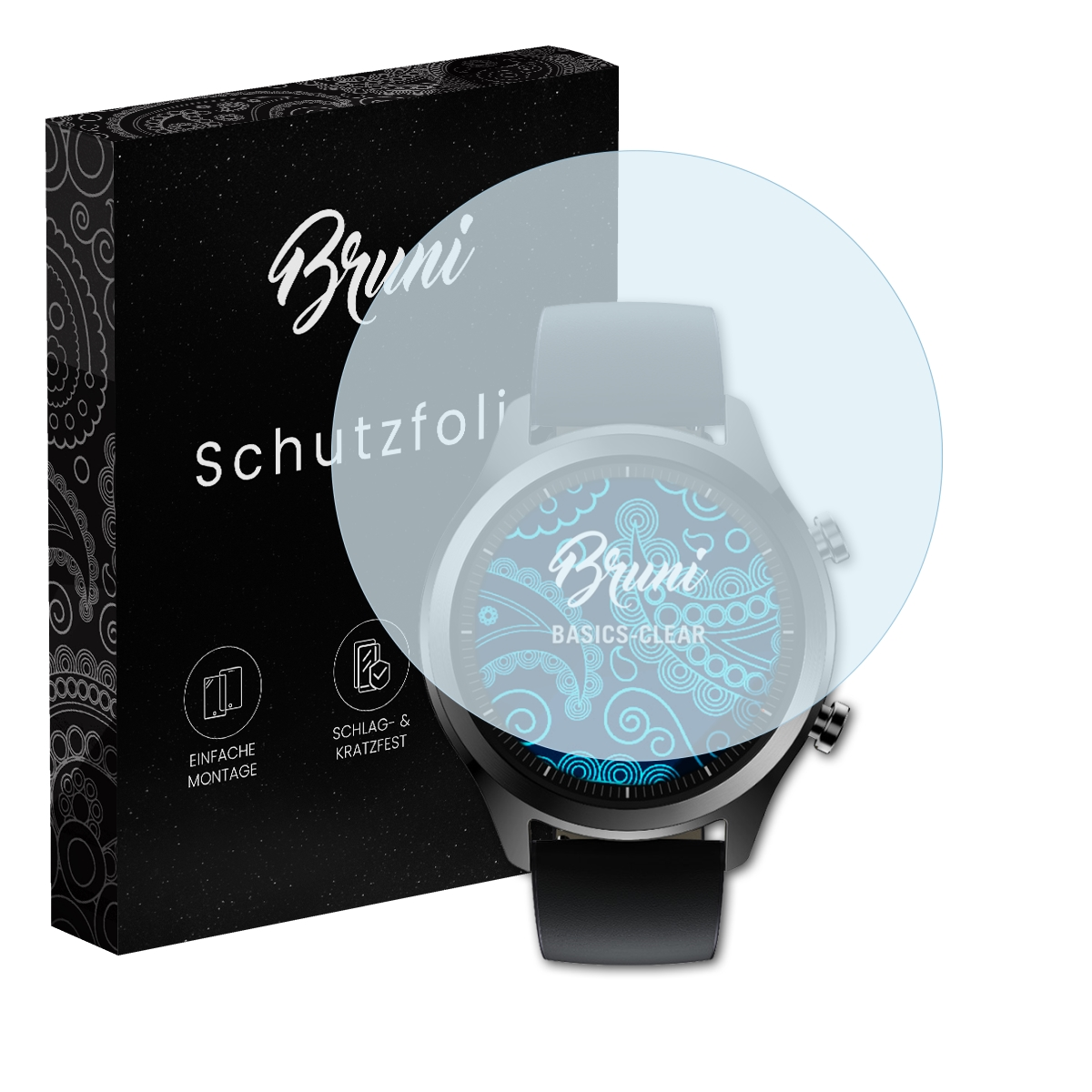 Uhr mit Schutzfolie, Box im Hintergrund. Zifferblatt zeigt Bruni-Logo. Hintergrund ist weiß.