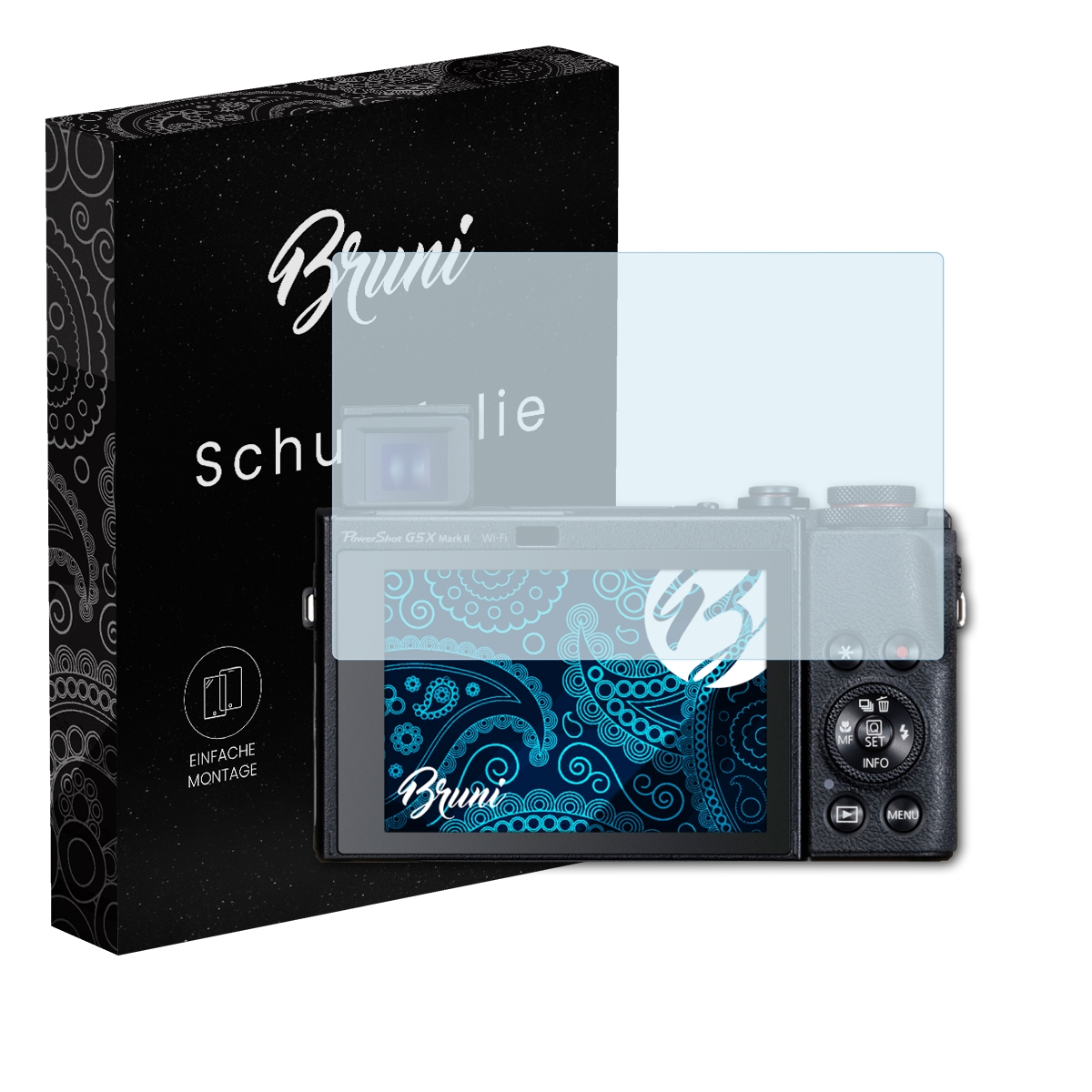Ein Displayschutz und Verpackung sind abgebildet. Der Schutz ist auf einem Kamera-Bildschirm.