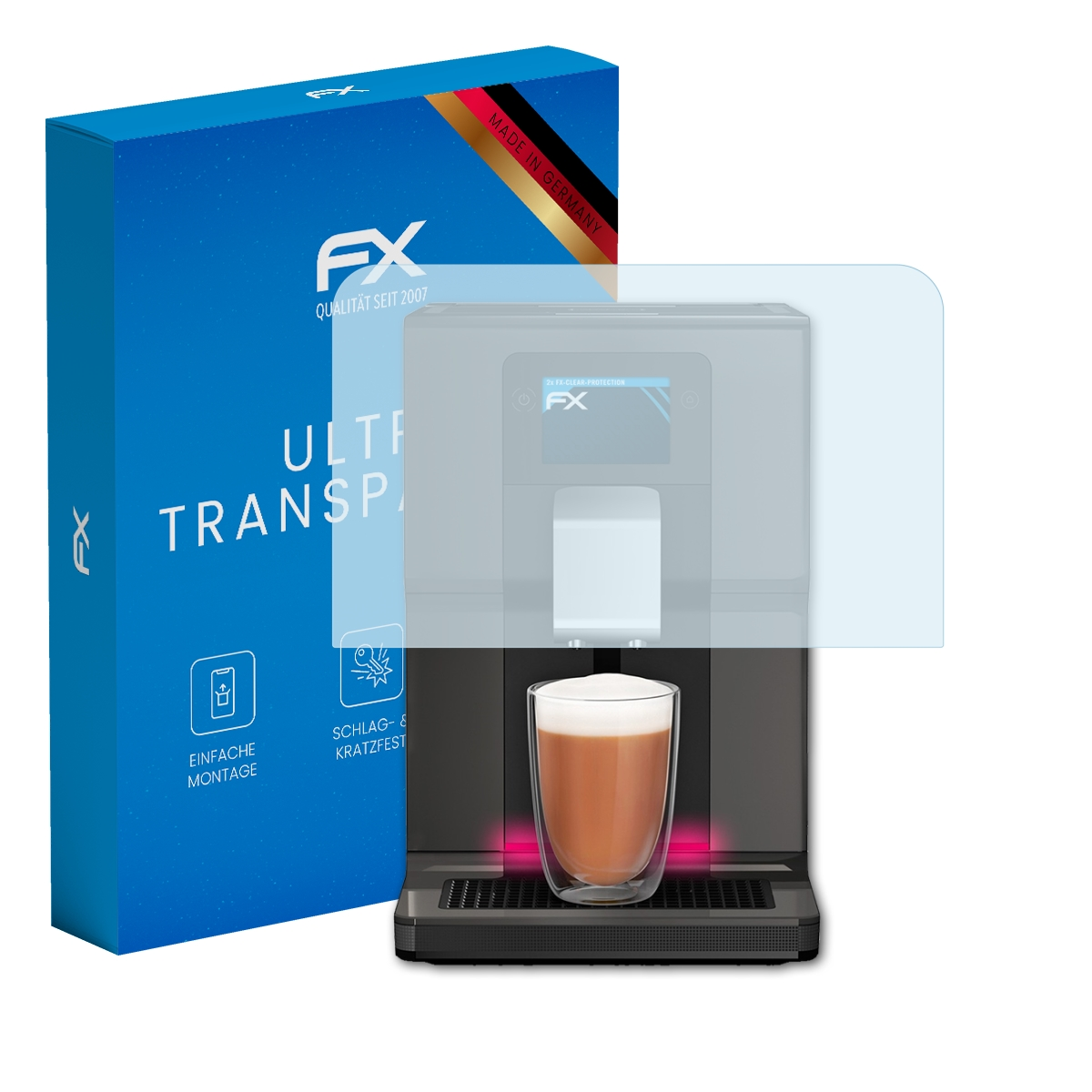 Kaffeemaschine mit Displayschutz, Box mit ULTRA TRANSPARE, FX-Logo und Kaffeetasse.