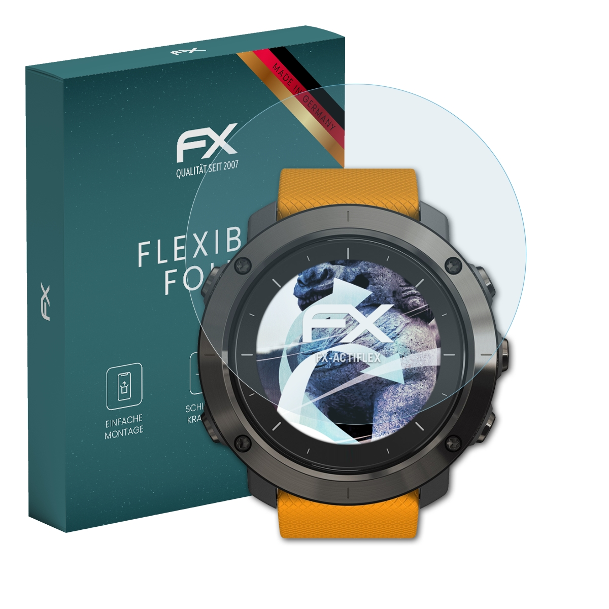 Smartwatch mit Displayschutz, gelbem Armband und Box im Hintergrund.