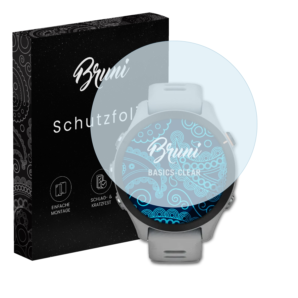 Smartwatch, Displayschutzfolie und Schachtel. Smartwatch hat kreisförmiges Display. Box hat Logo und Text.