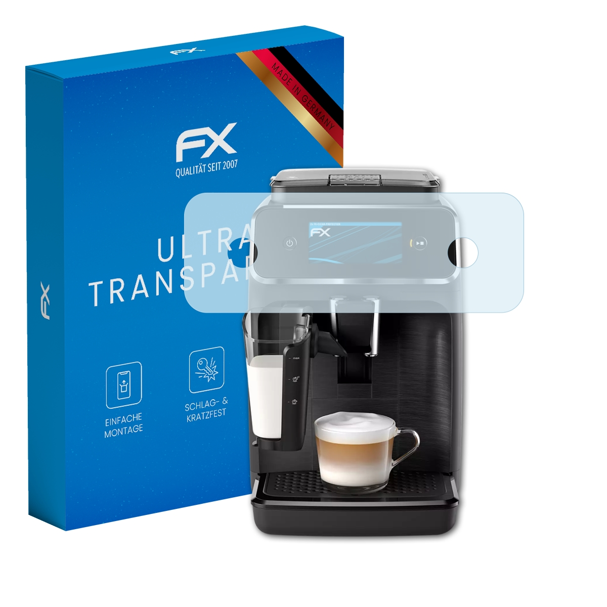 Kaffeemaschine mit Displayschutz, Box mit Text 'ULTRA TRANSPAR' und Symbolen. Weißer Hintergrund.
