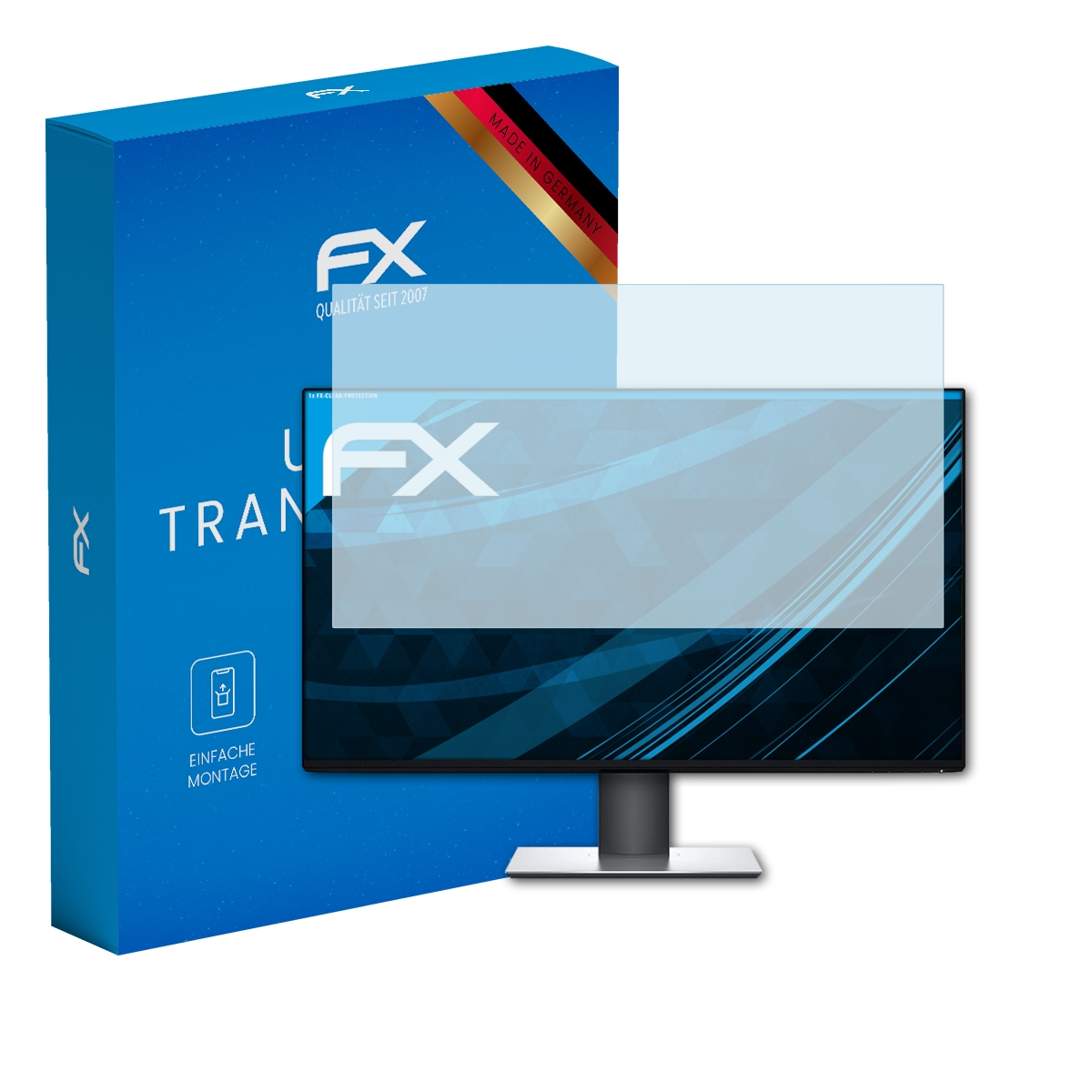Computermonitor mit Displayschutz, neben einer blauen Box. Der Bildschirm zeigt blaues Design auf Schwarz.