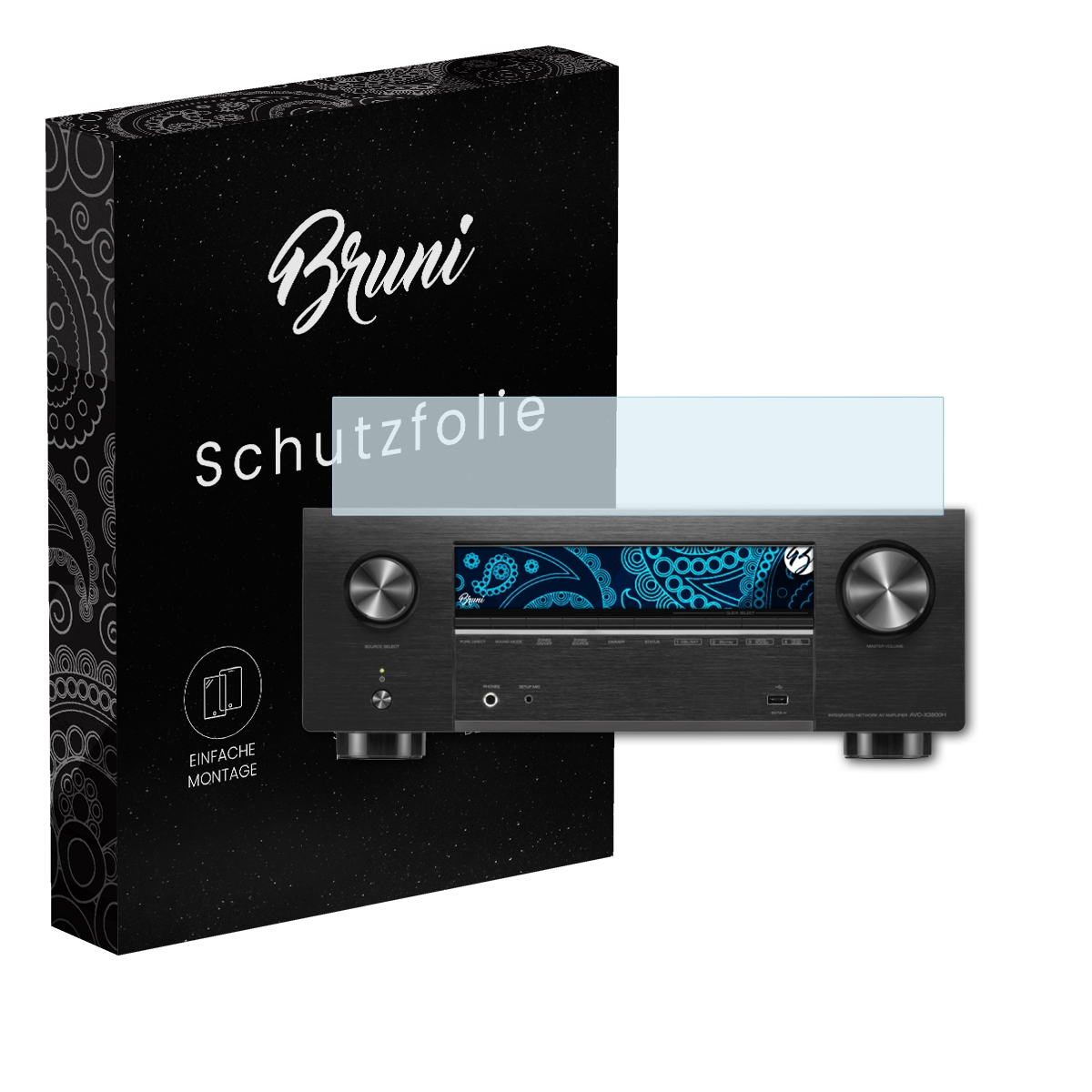 Eine schwarze Box neben einem Receiver mit Displayschutz. Der Receiver zeigt blaues Paisley-Design.