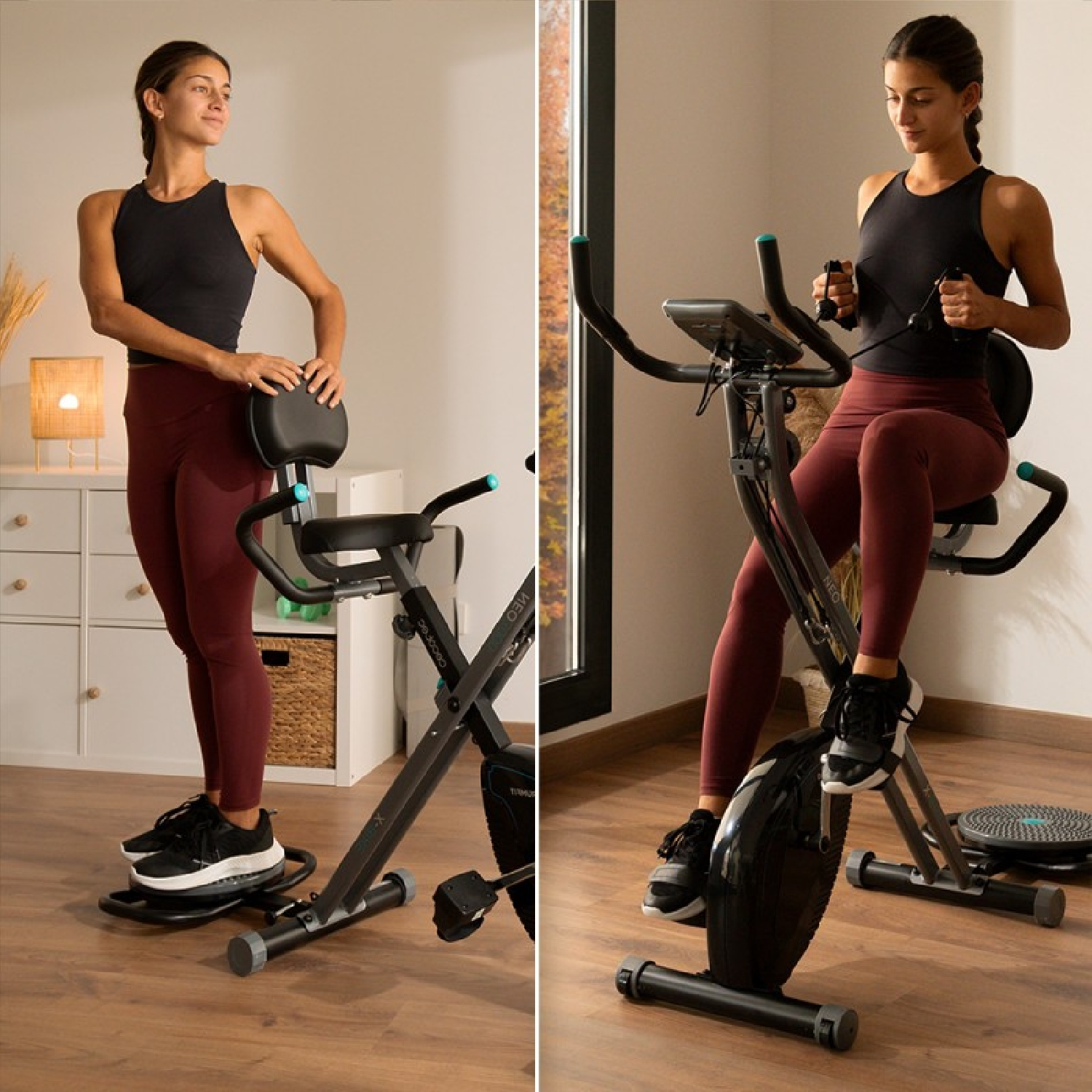 Kobieta na rowerze treningowym, jedna ręka na siedzeniu. Drugie zdjęcie przedstawia ćwiczenia z taśmami.