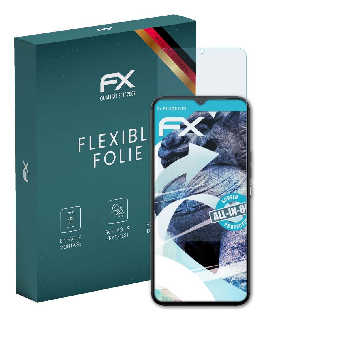 Telefon mit Displayschutz und Box. Der Bildschirm zeigt eine Statue und einen Pfeil.