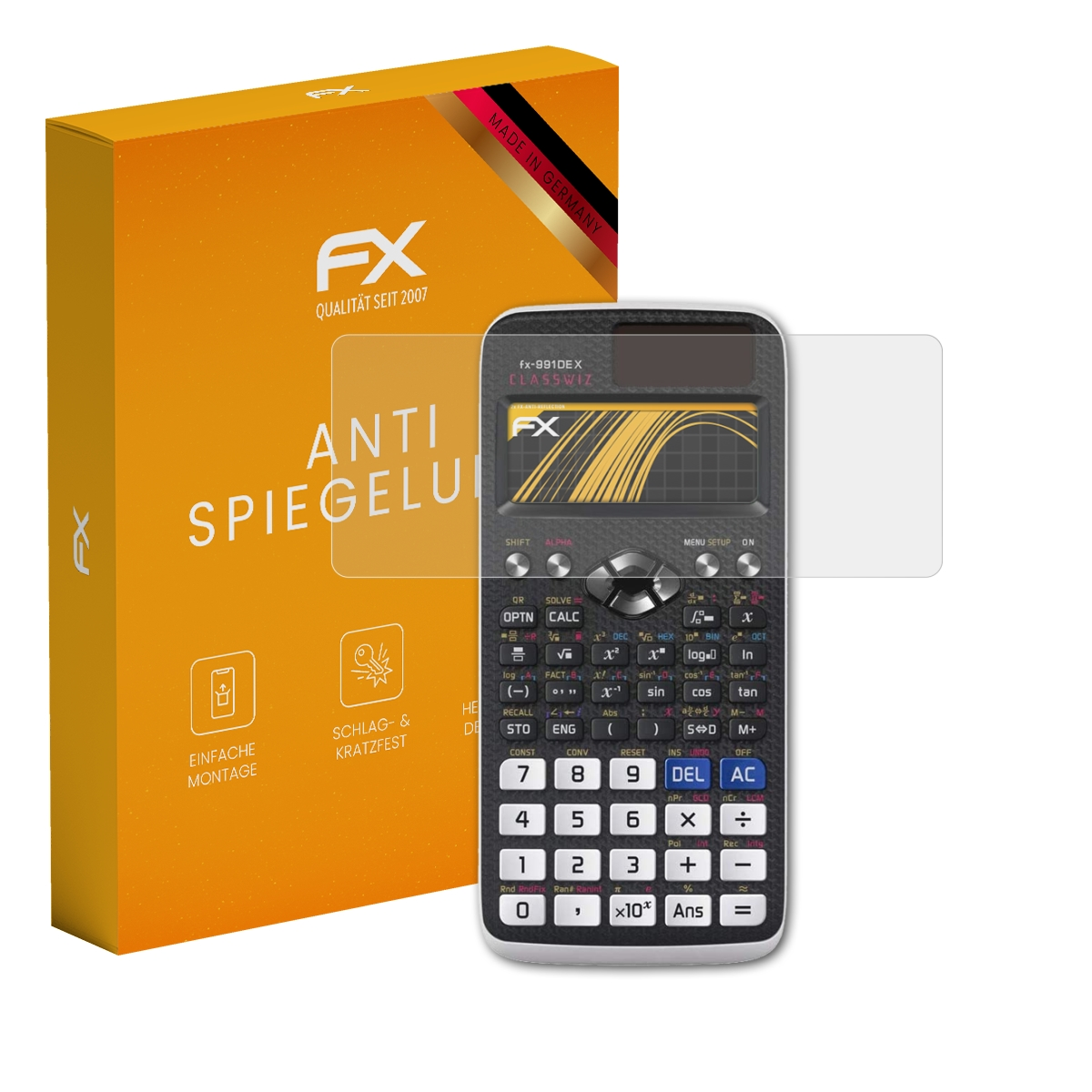 Taschenrechner mit Displayschutz und orangefarbener Box. Taschenrechner hat schwarz-graues Design.