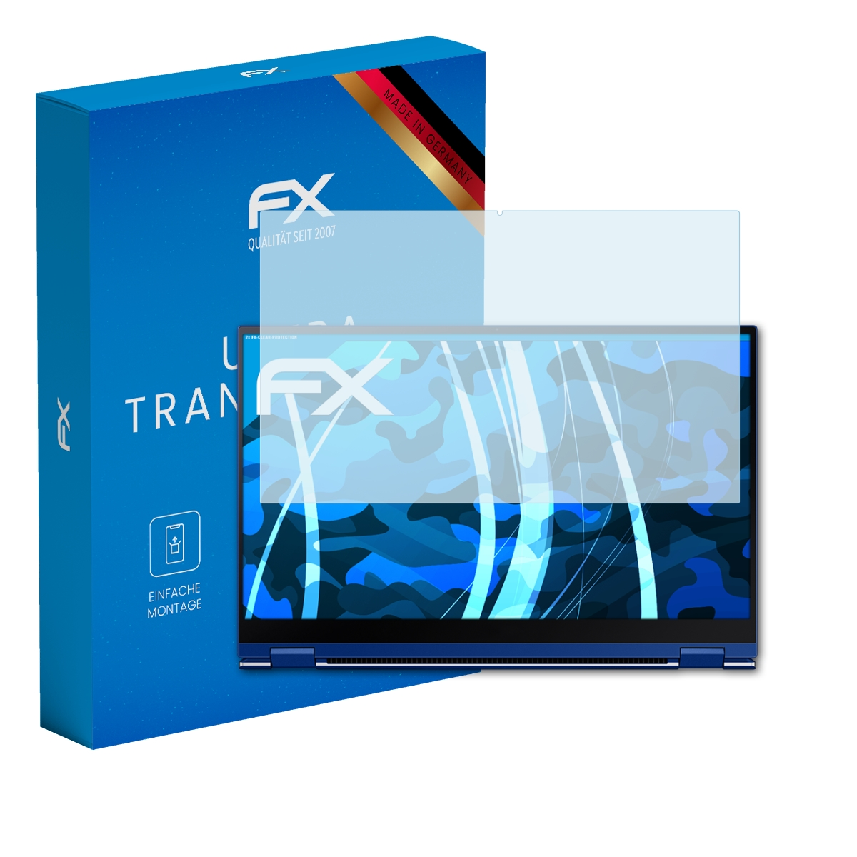 Ein blauer Laptop mit Displayschutzfolie neben einer Schachtel auf weißem Hintergrund.