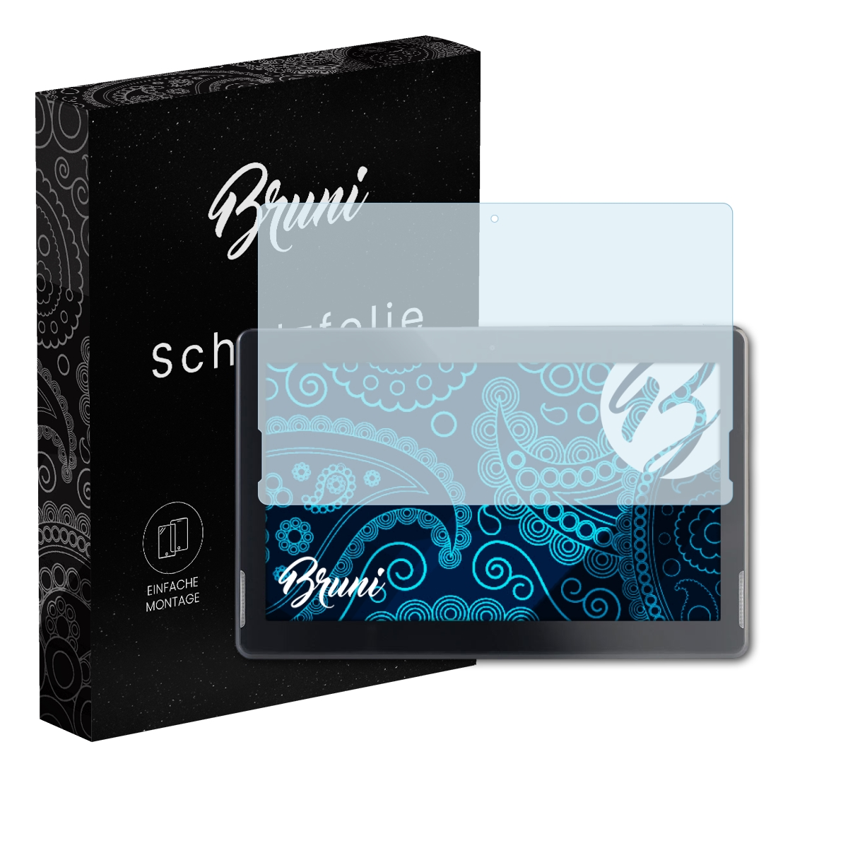 Ein Tablet mit Displayschutzfolie. Links ist eine schwarze Box mit 'Bruni Schutzfolie'.