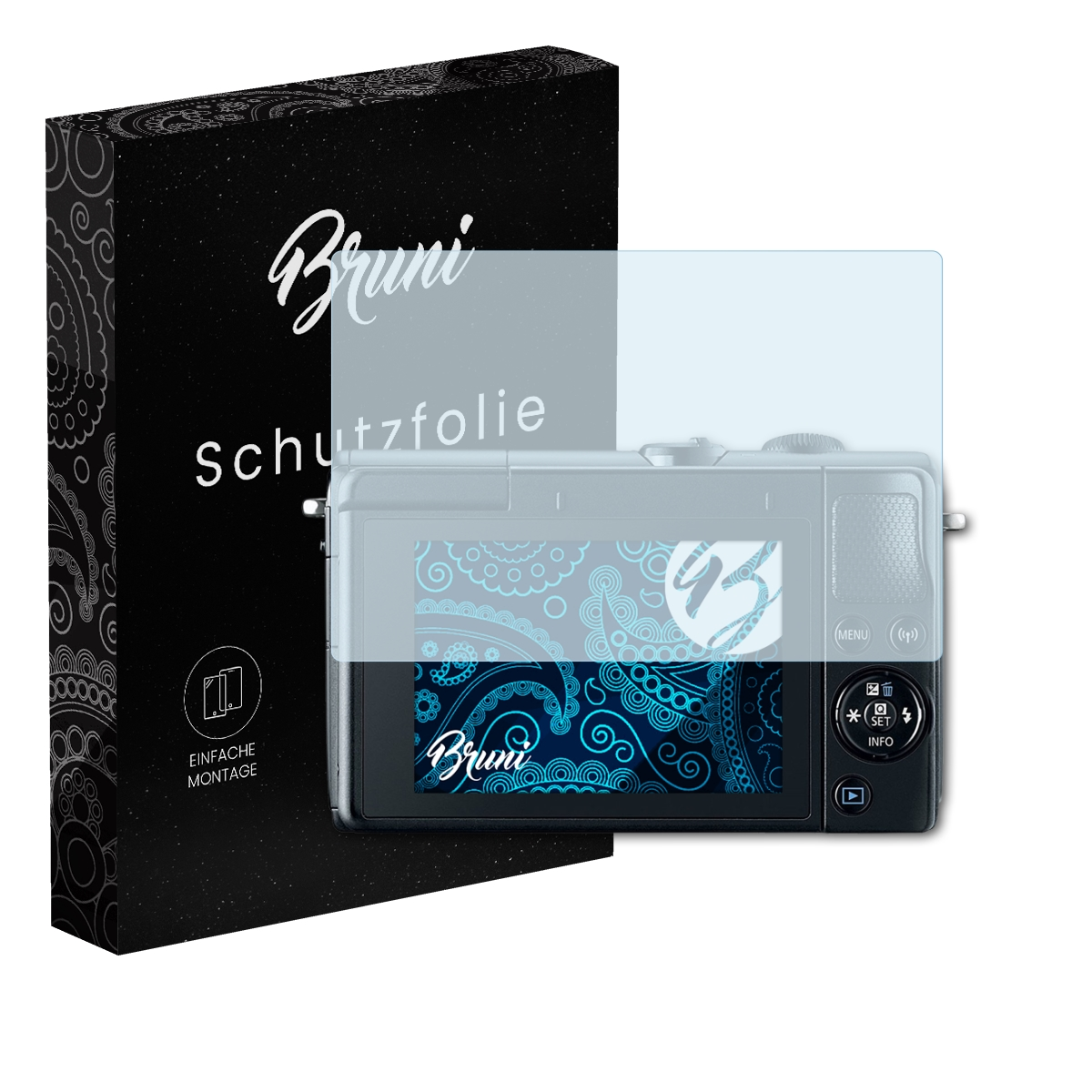Kamera und Displayschutzfolie mit einer Box mit "Bruni Schutzfolie".