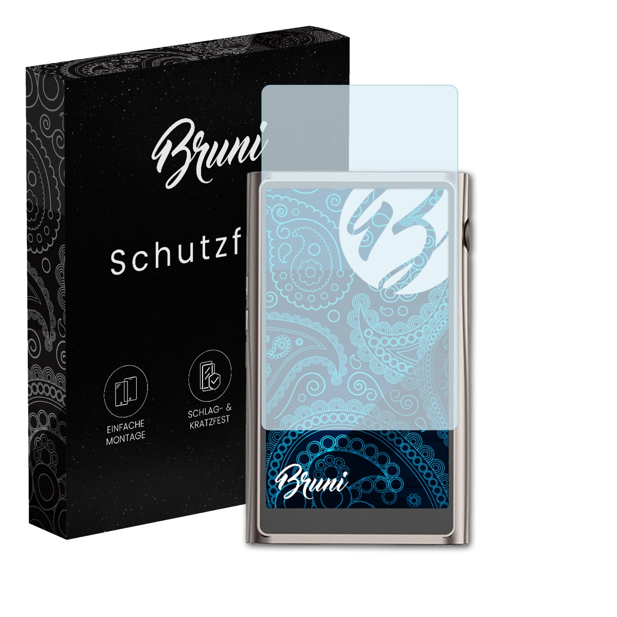 Ein Gerät mit Displayschutz, neben einer schwarzen Box mit Bruni.