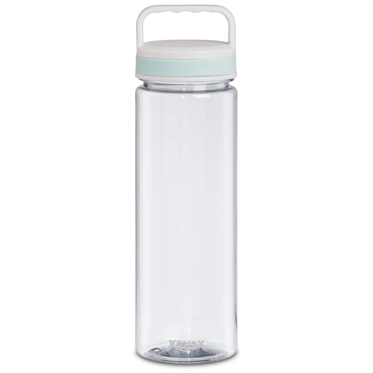 Transparente Wasserflasche mit hellblauem Deckel und Griff.