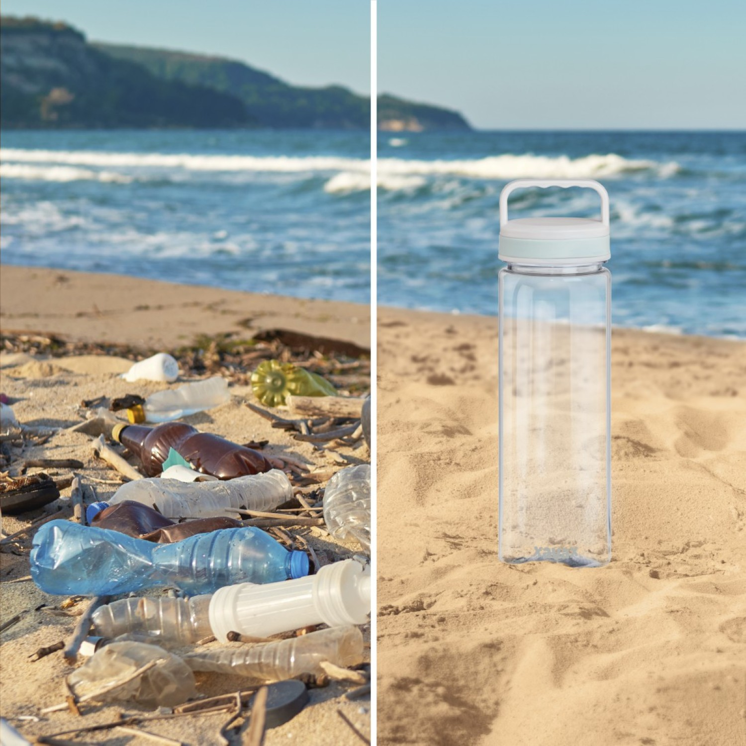 Eine Strandszene mit Plastikmüll links und einer Wasserflasche rechts, mit dem Ozean im Hintergrund.