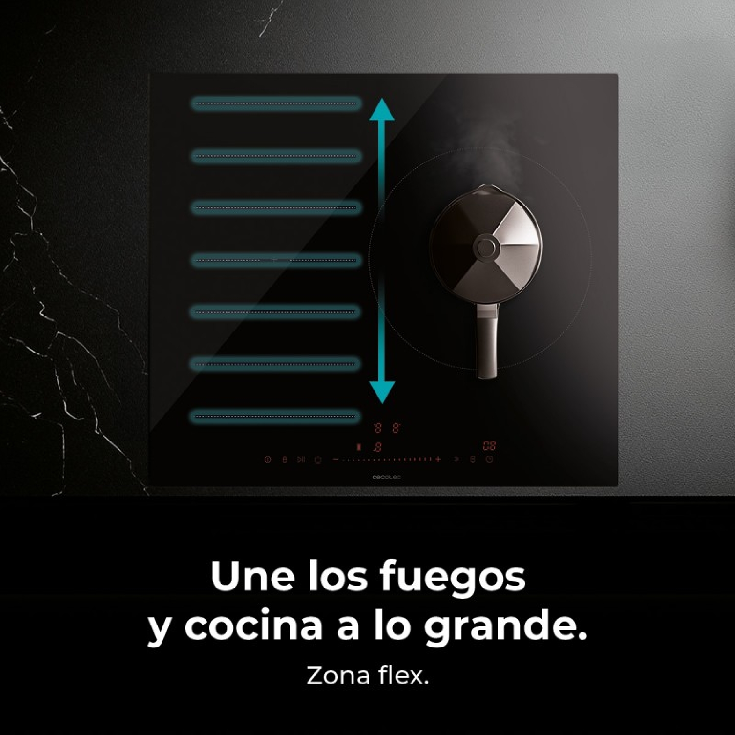 Czarna płyta indukcyjna z tekstem i strzałkami. Płyta ma strefy flex.