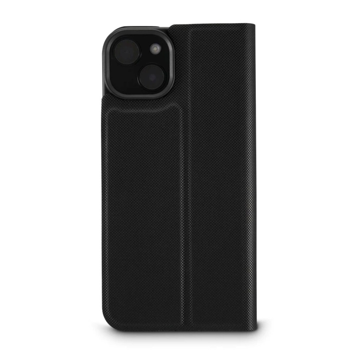Eine schwarze Handyhülle für ein iPhone, geschlossen, mit Kameraausschnitt.
