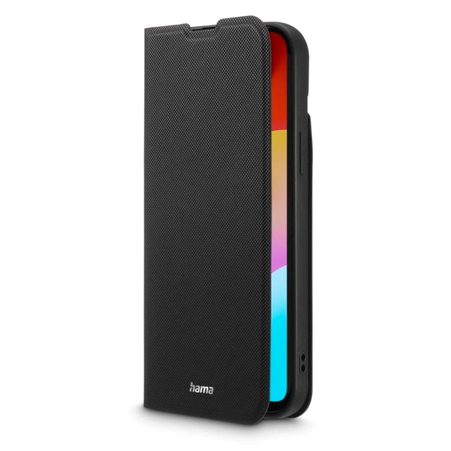 Eine schwarze Handyhülle für ein iPhone, offen, mit Telefonbildschirm.