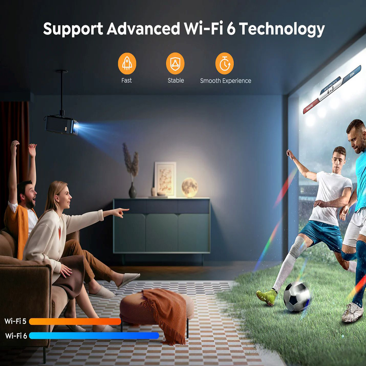 Ludzie oglądają mecz piłki nożnej na projektorze. Scena obejmuje salon i stadion.