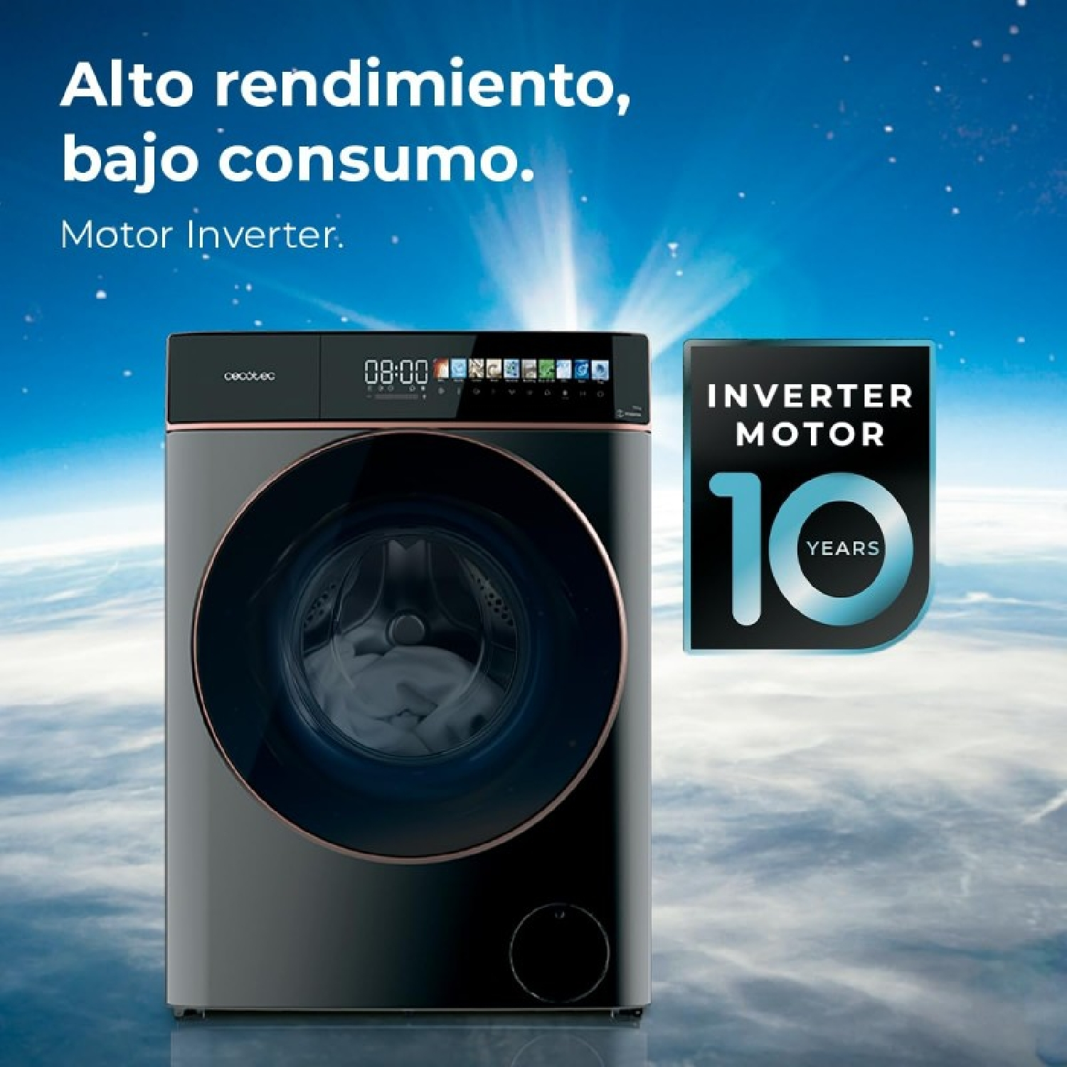 Una lavatrice con cielo blu e un logo. La macchina è nera.