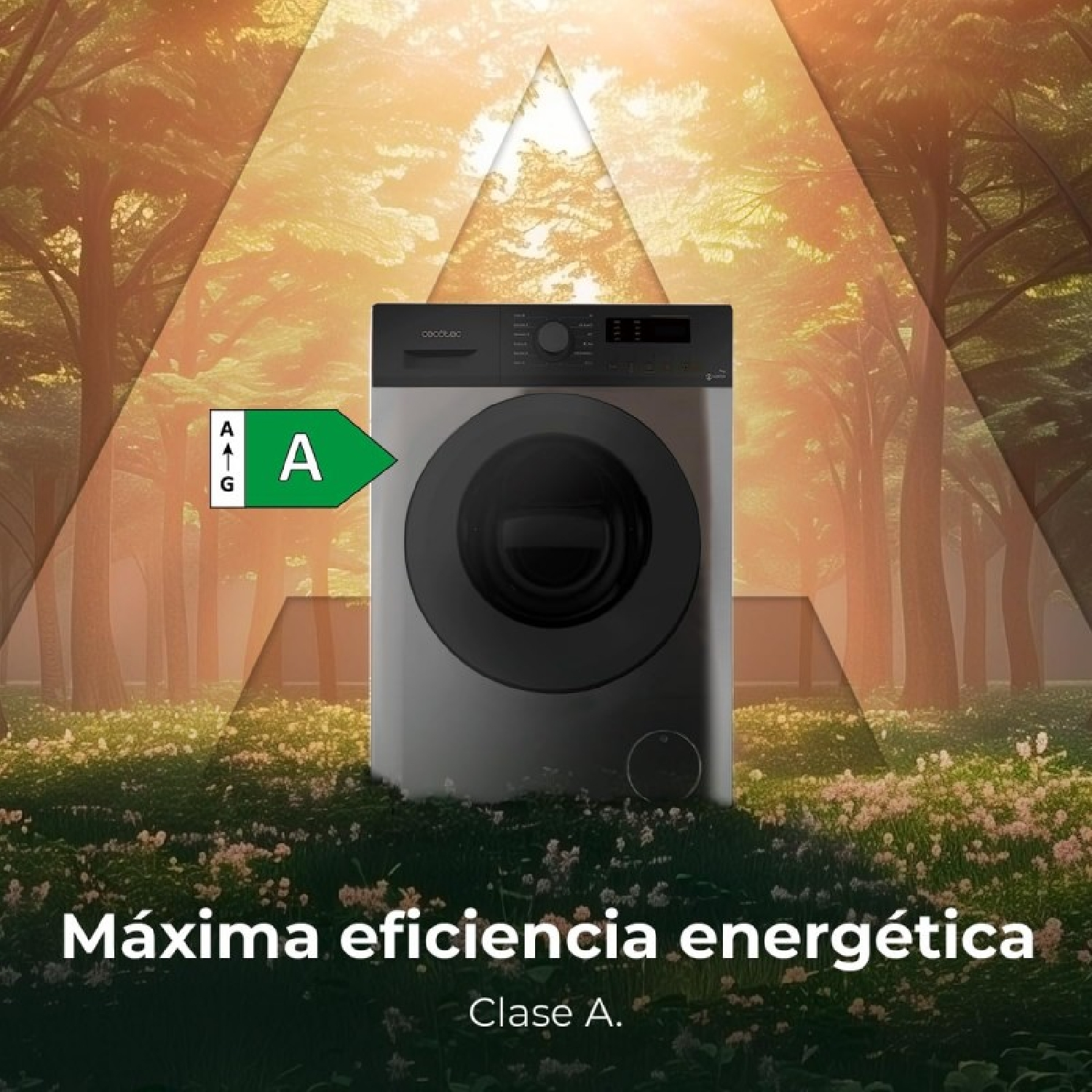 Pralka, z klasą efektywności energetycznej A, umieszczona na tle lasu.