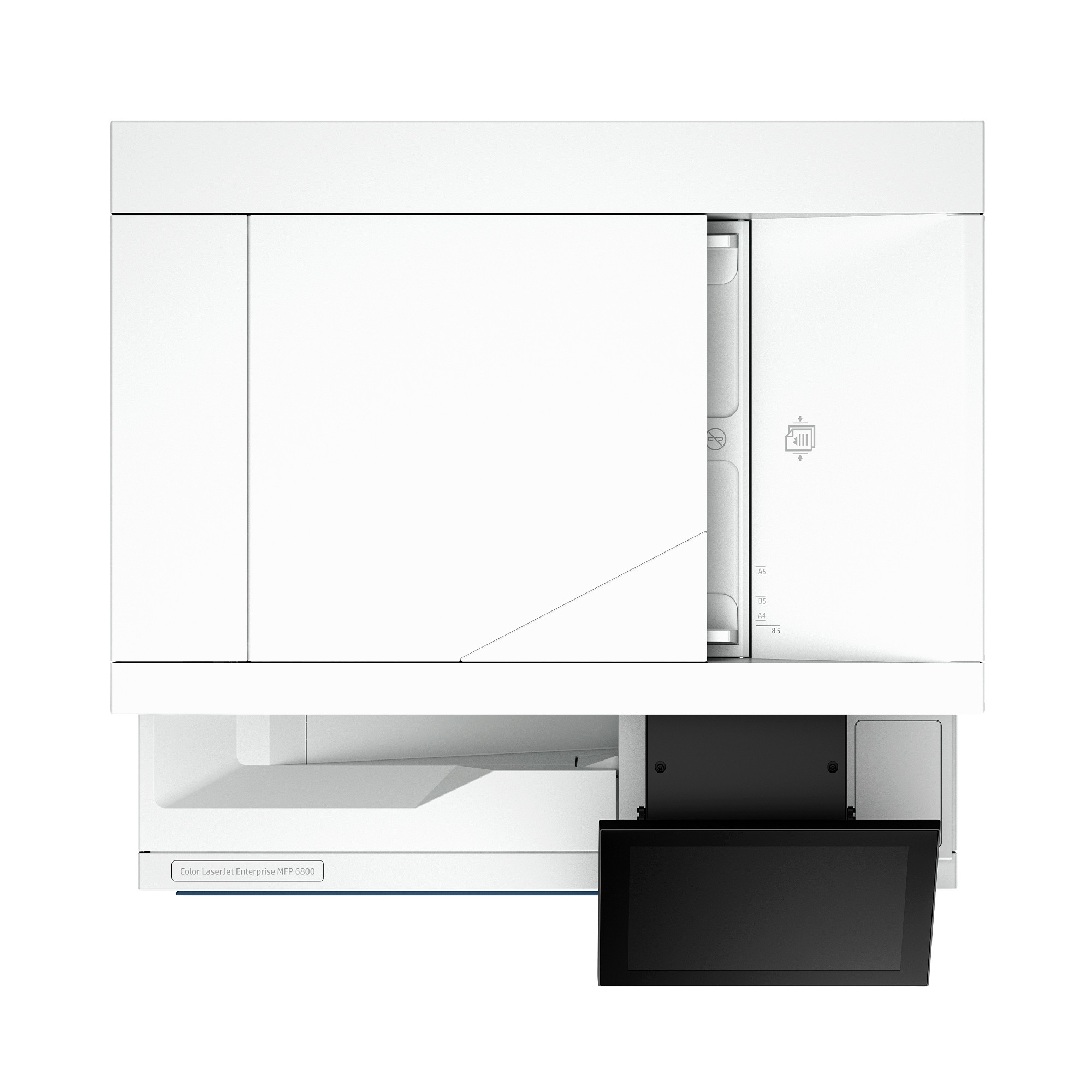 Widok z góry na białą drukarkę z podajnikiem papieru i czarnym panelem dotykowym.