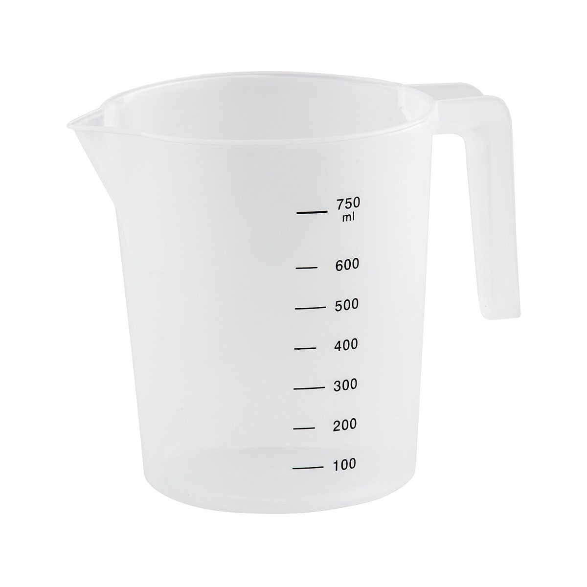 Un misurino in plastica trasparente con misure contrassegnate, su uno sfondo bianco.