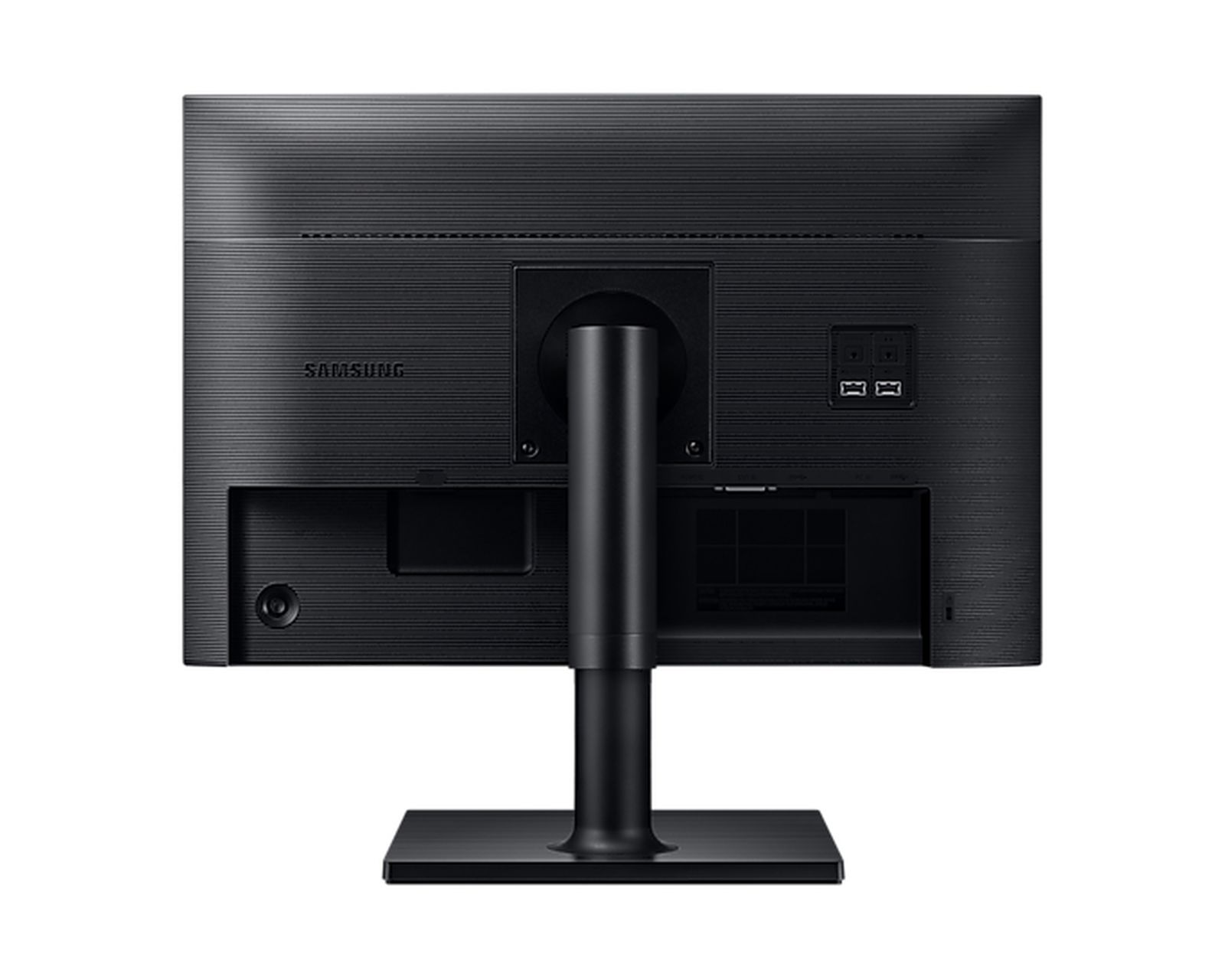Retro di un monitor per computer nero. Supporto, porte e il logo Samsung sono visibili.