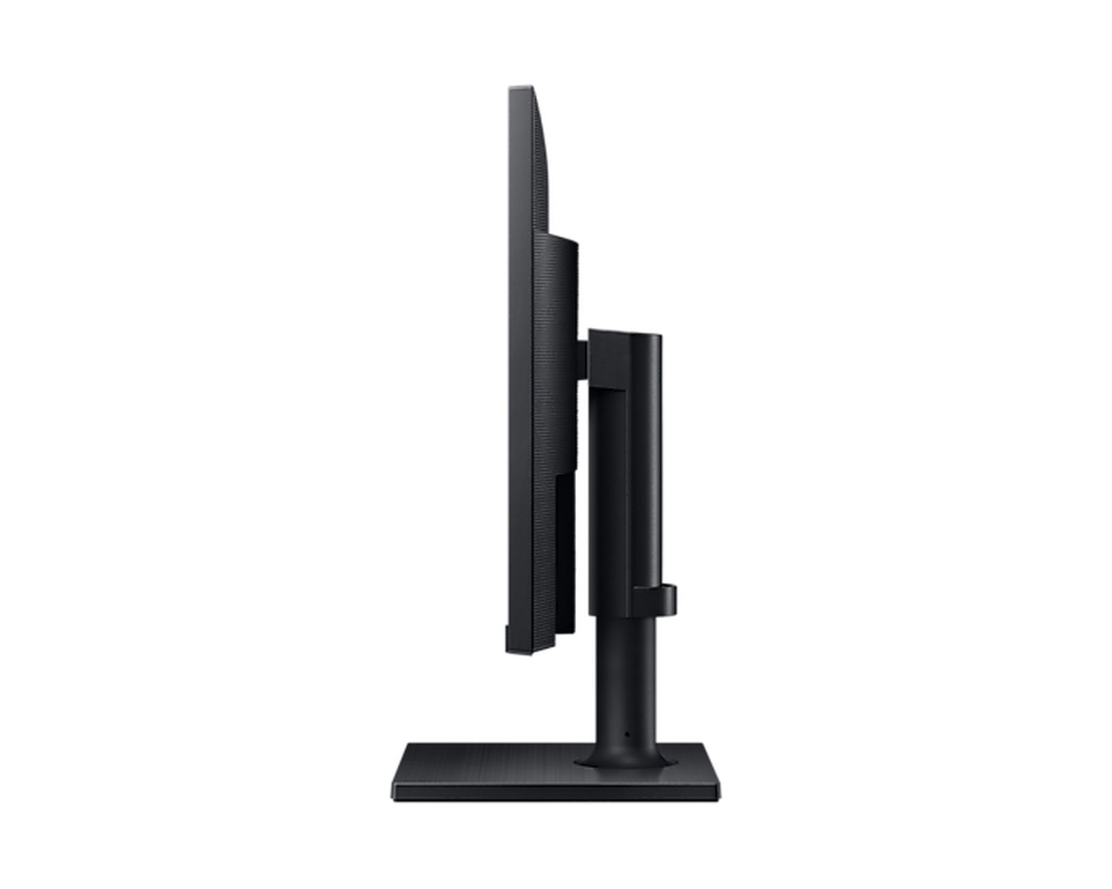 Monitor per computer nero di profilo. Base, supporto e schermo sono visibili. Lo schermo è spento.
