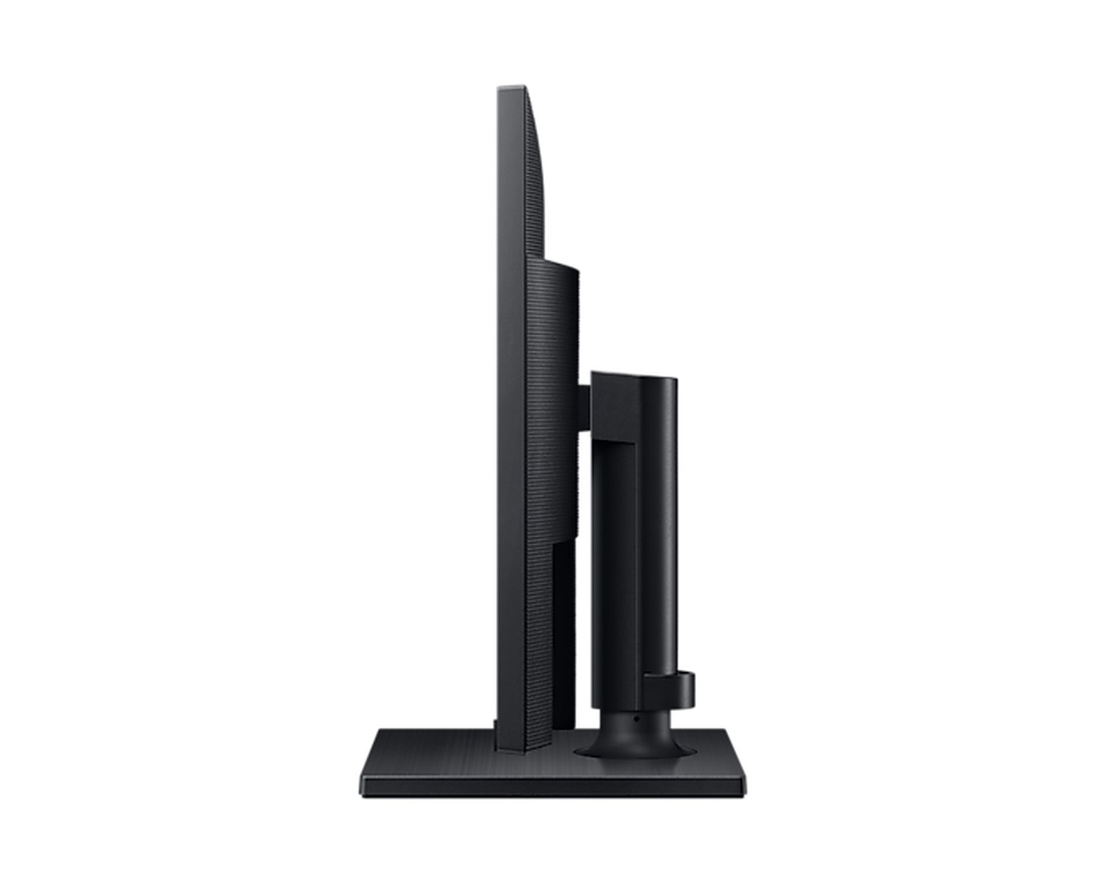 Monitor per computer nero di profilo. Base, supporto e schermo sono visibili. Lo schermo è spento.