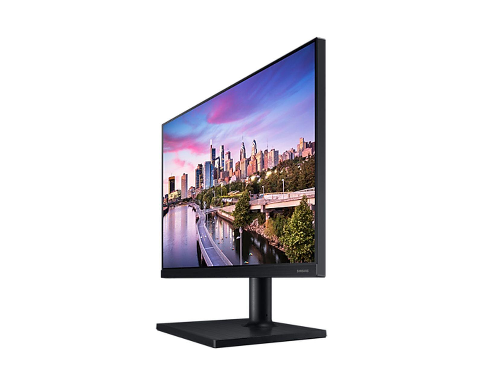 Monitor per computer nero che mostra una scena cittadina angolata. Il supporto e la base sono visibili.