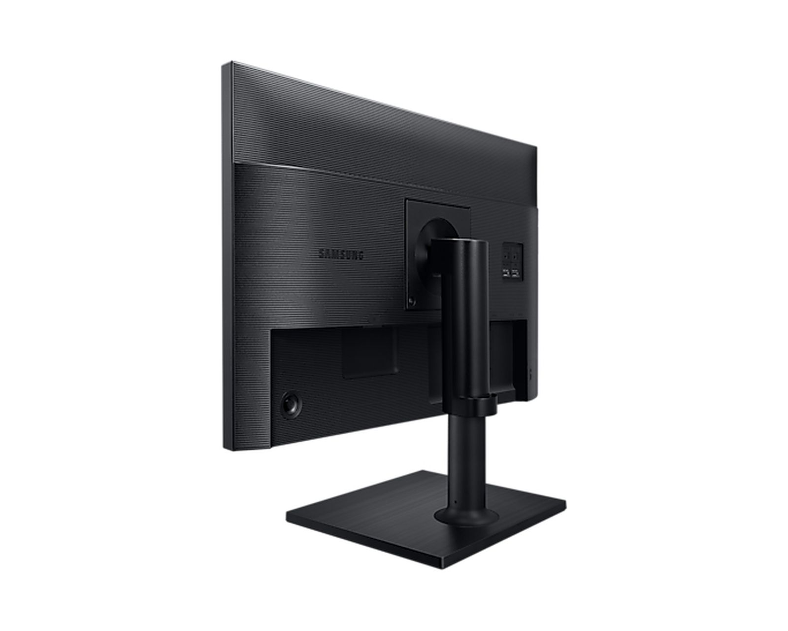 Retro di un monitor per computer nero. Supporto, porte e il logo Samsung sono visibili.