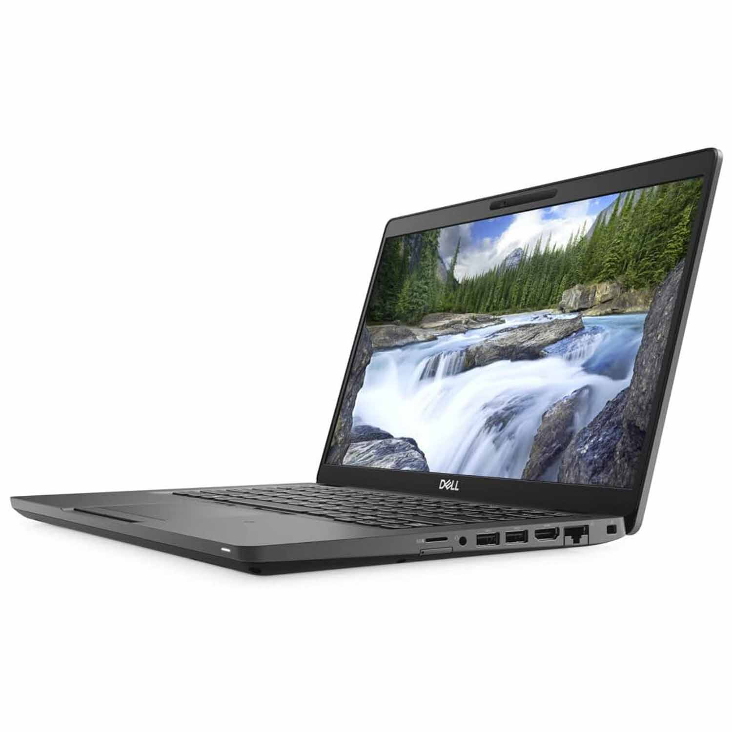 Una laptop Dell gris está abierta, mostrando una escena de cascada. La laptop está sobre un fondo blanco.