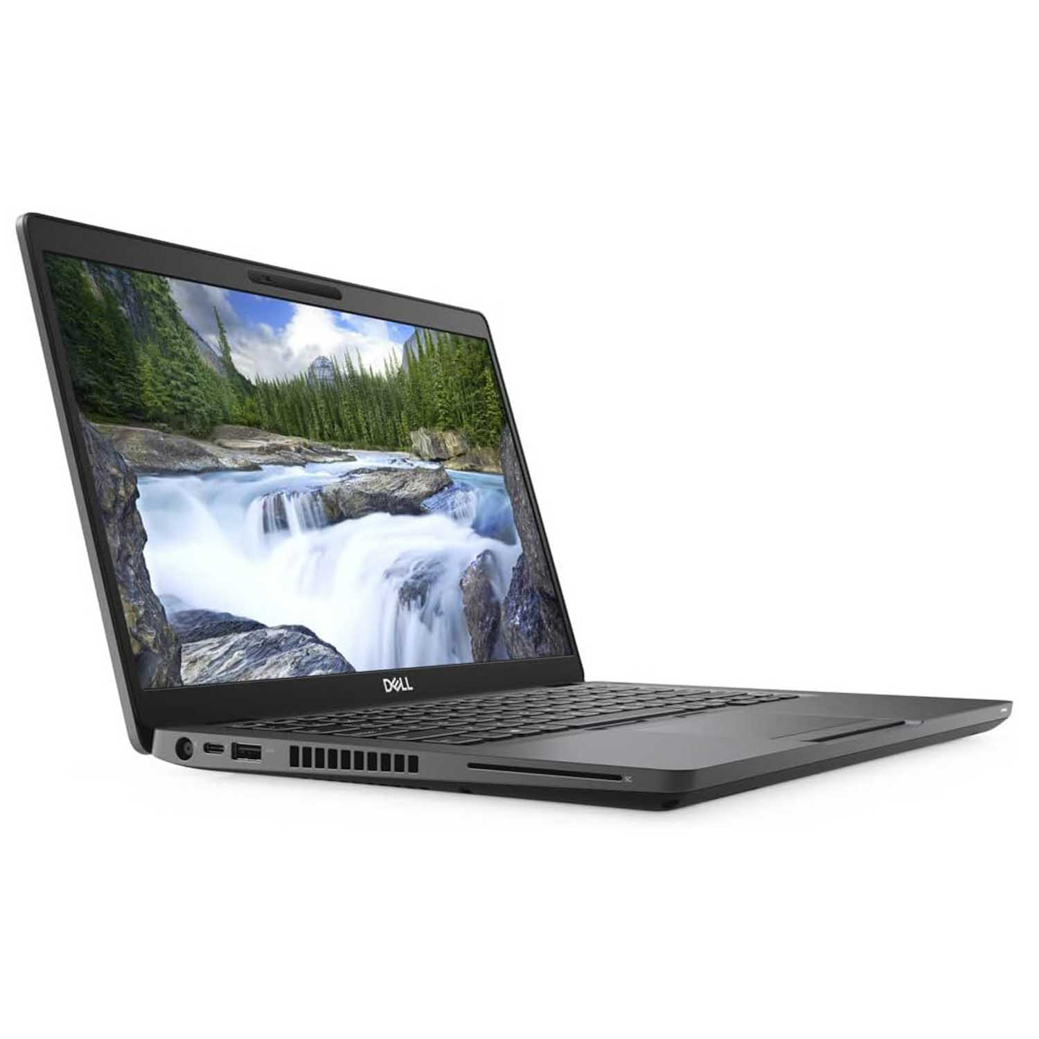 Una laptop Dell gris muestra una escena de cascada. Está en ángulo y aislado sobre un fondo blanco.