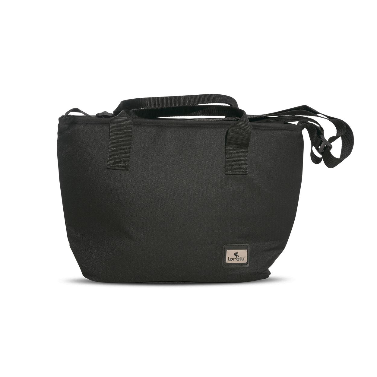 Eine schwarze Kühltasche mit Griffen und Schultergurt. Die Tasche hat das "Lorelli"-Logo.