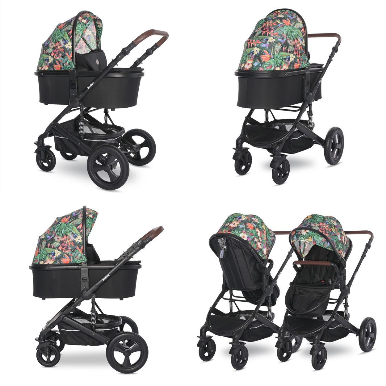 Vier Ansichten eines schwarzen Kinderwagens mit floralem Verdeck, braunem Griff und schwarzen Rädern.