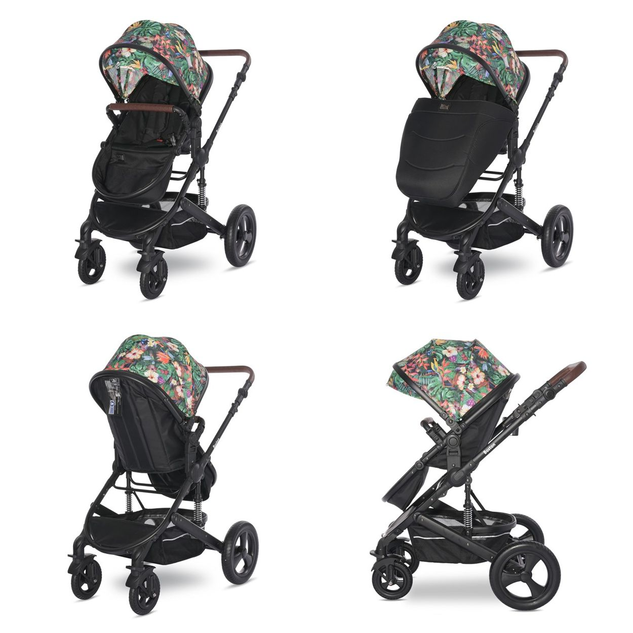Vier Ansichten eines schwarzen Kinderwagens mit floralem Verdeck, braunem Griff und schwarzen Rädern.