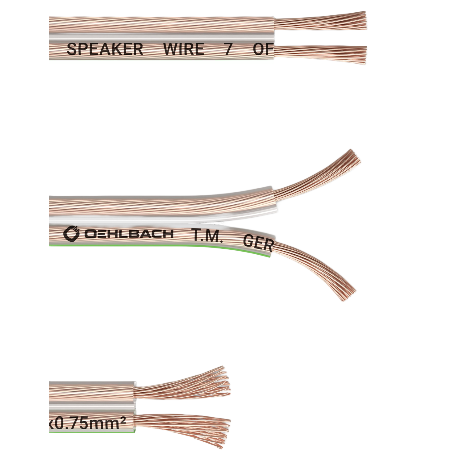 Lautsprecherkabel mit der Aufschrift 'Speaker wire 7 of' und 'Oehlbach T.M. GER' mit freiliegenden Kupferlitzen.