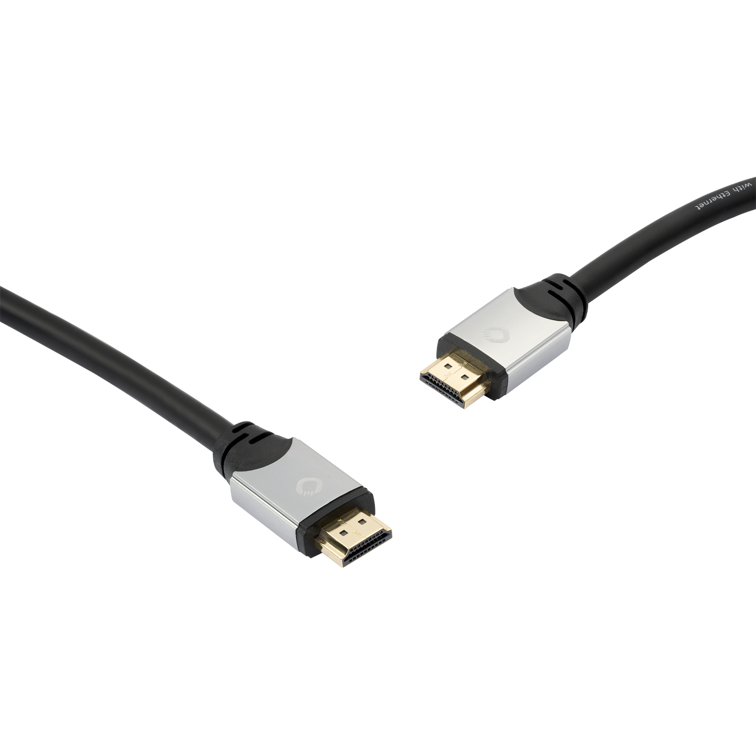 Zwei schwarze HDMI-Kabel mit silbernen Steckern, vergoldeten Kontakten, auf weißem Hintergrund.