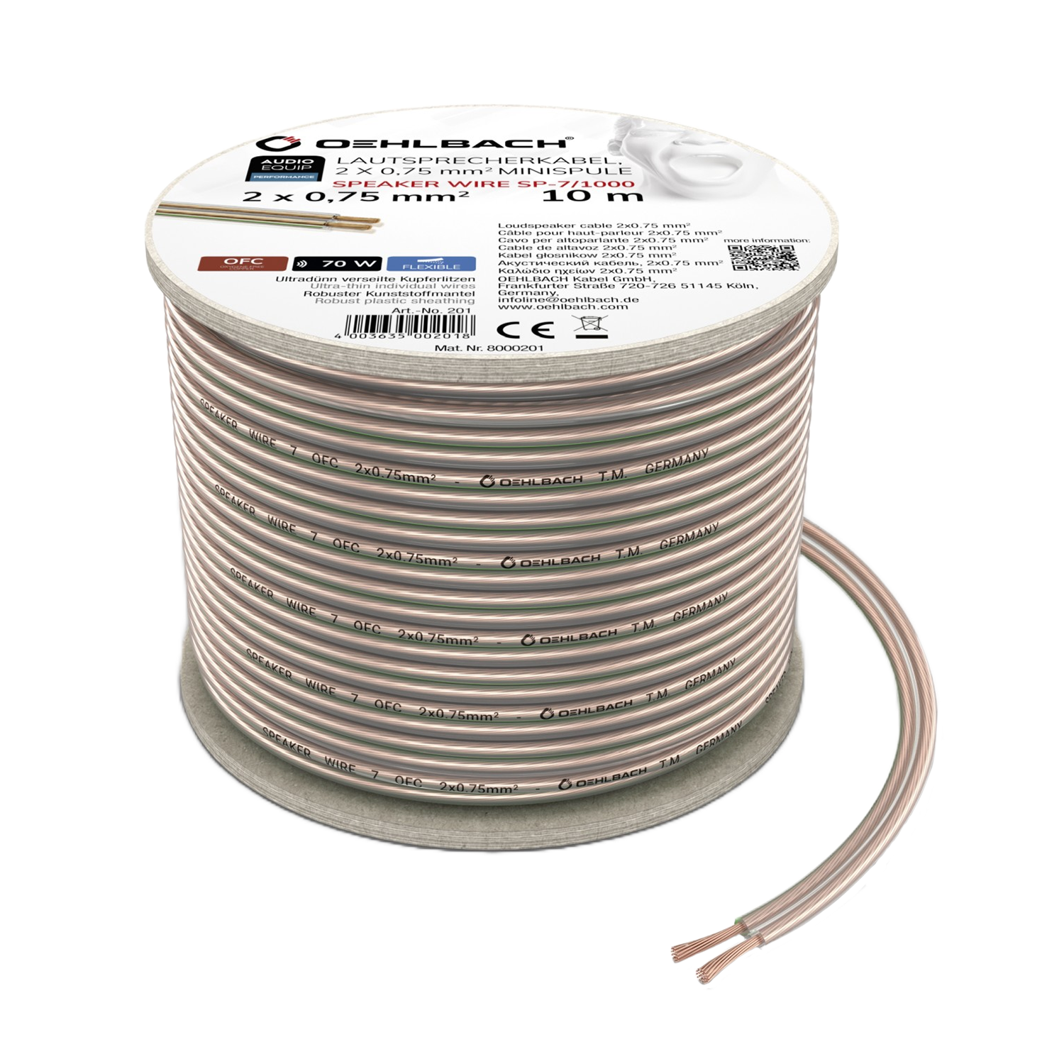 Eine Spule Lautsprecherkabel mit der Aufschrift 'Speaker Wire' und 'Oehlbach', mit freiliegenden Kupferlitzen.