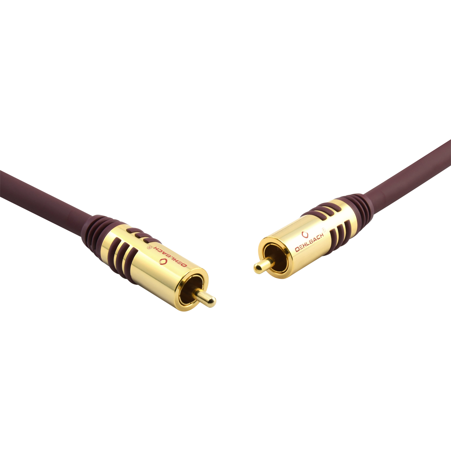 Zwei braune Cinch-Kabel mit goldenen Steckern, beschriftet mit 'Oehlbach', vor schwarzem Hintergrund.