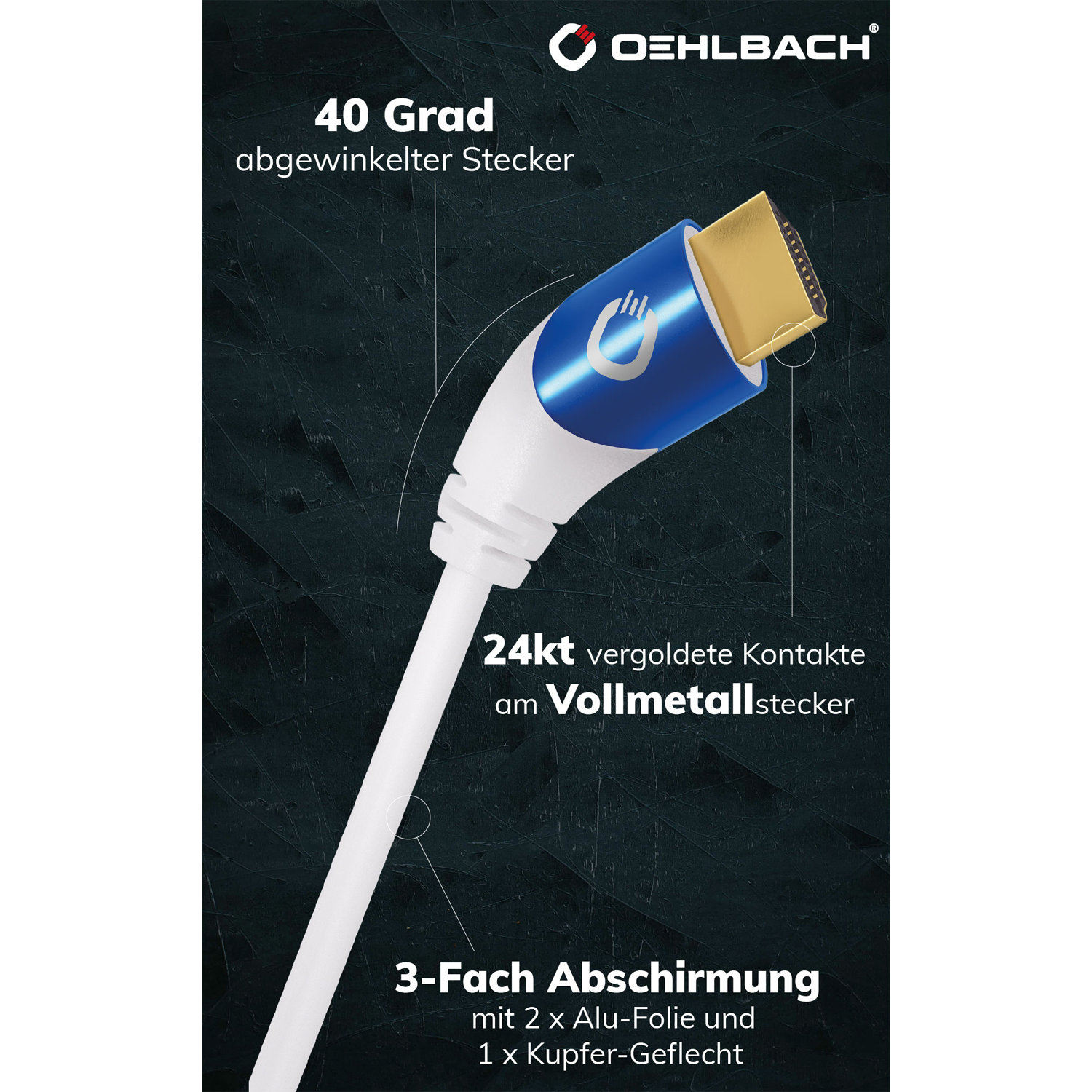 Weiß-blaues HDMI-Kabel, beschriftet mit 'Oehlbach' und '24kt gold', mit technischen Annotationen.