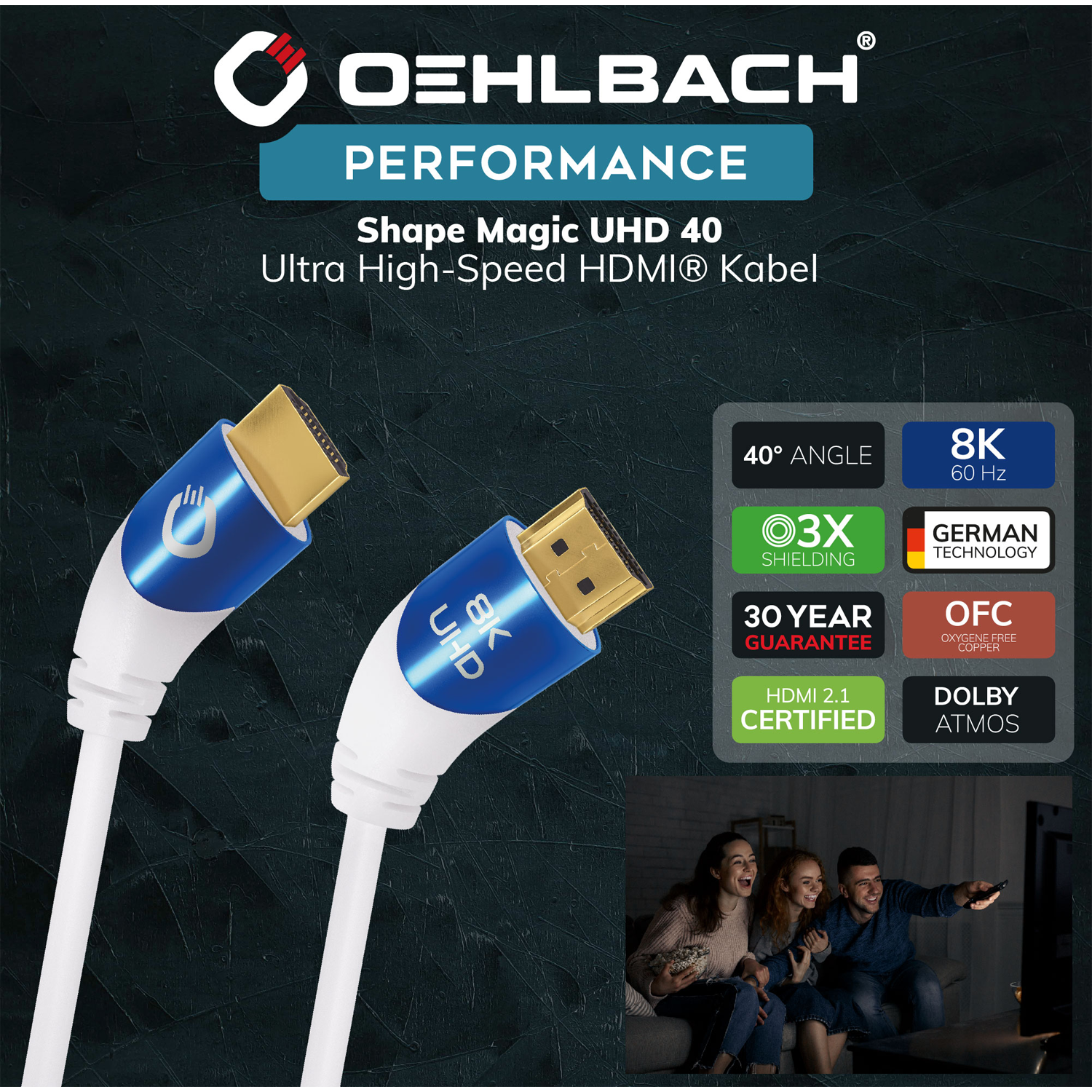 Zwei weiß-blaue HDMI-Kabel, beschriftet mit 'Oehlbach Performance', mit Zuschauern, die im Hintergrund fernsehen.