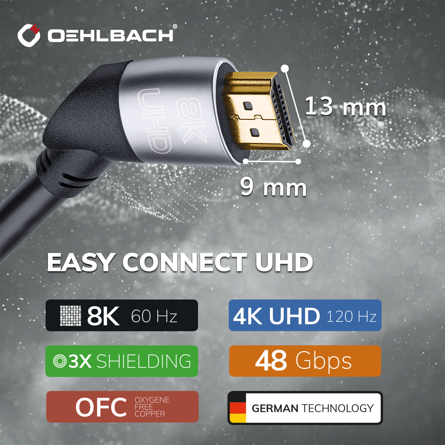 Nahaufnahme eines HDMI-Kabels mit 8K UHD und 48 Gbit/s Spezifikationen. Goldener Stecker, schwarzes Kabel und Produktinfografiken.